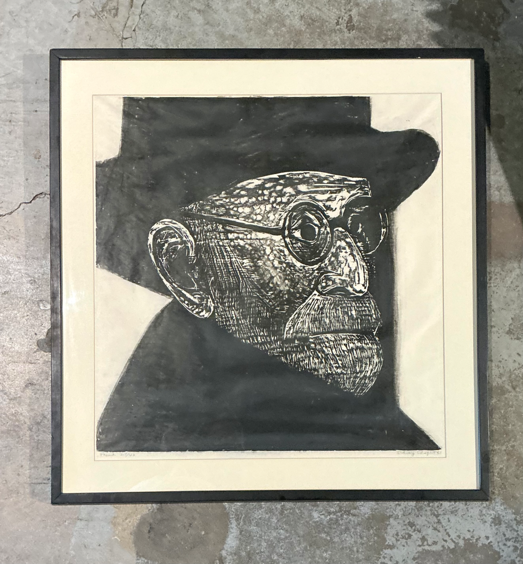 Vintage Black and White Framed Woodcut Of Sigmund Freud - Back view