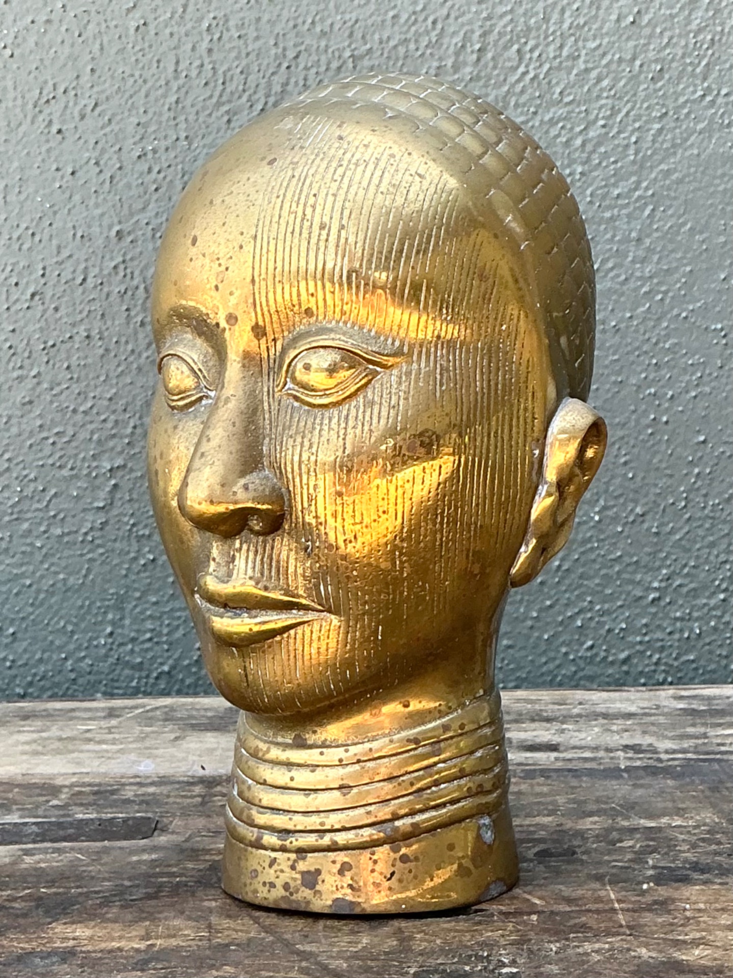 Vintage Brass Tribal Head Sculpture - Top view