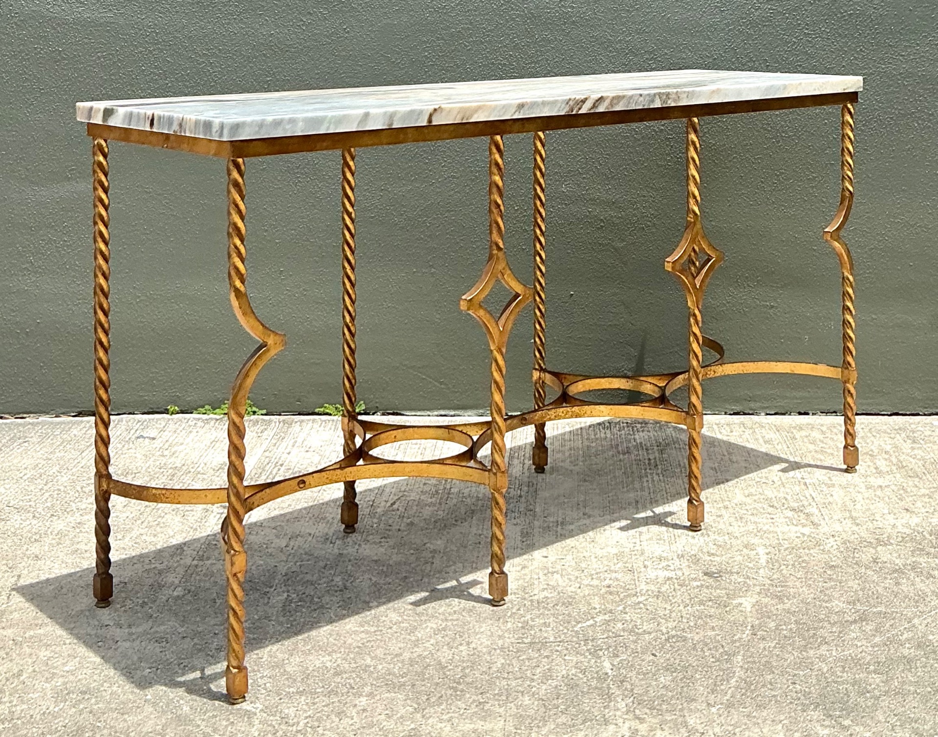 Vintage Twisted Iron and Marble Console Table - Side view