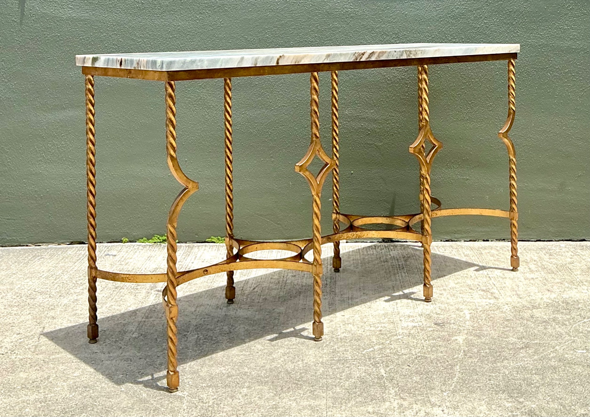Vintage Twisted Iron and Marble Console Table - Top view