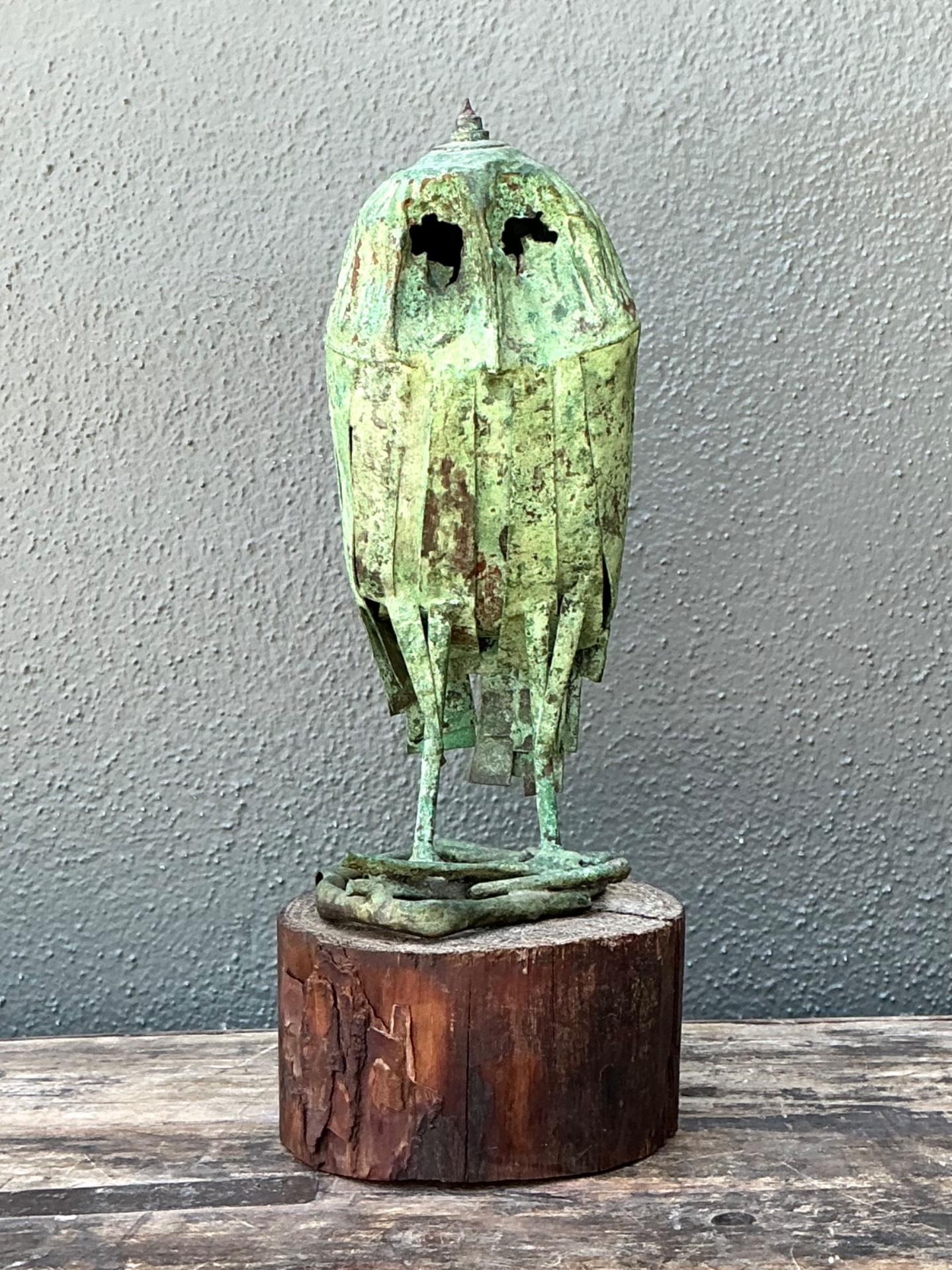 Vintage Patinated Copper Owl Sculpture - Side view