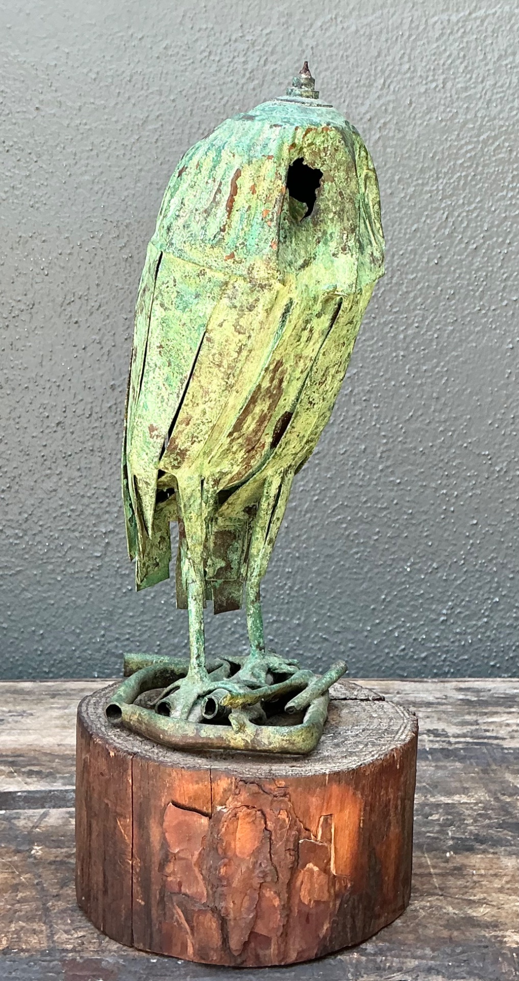Vintage Patinated Copper Owl Sculpture - Detail view