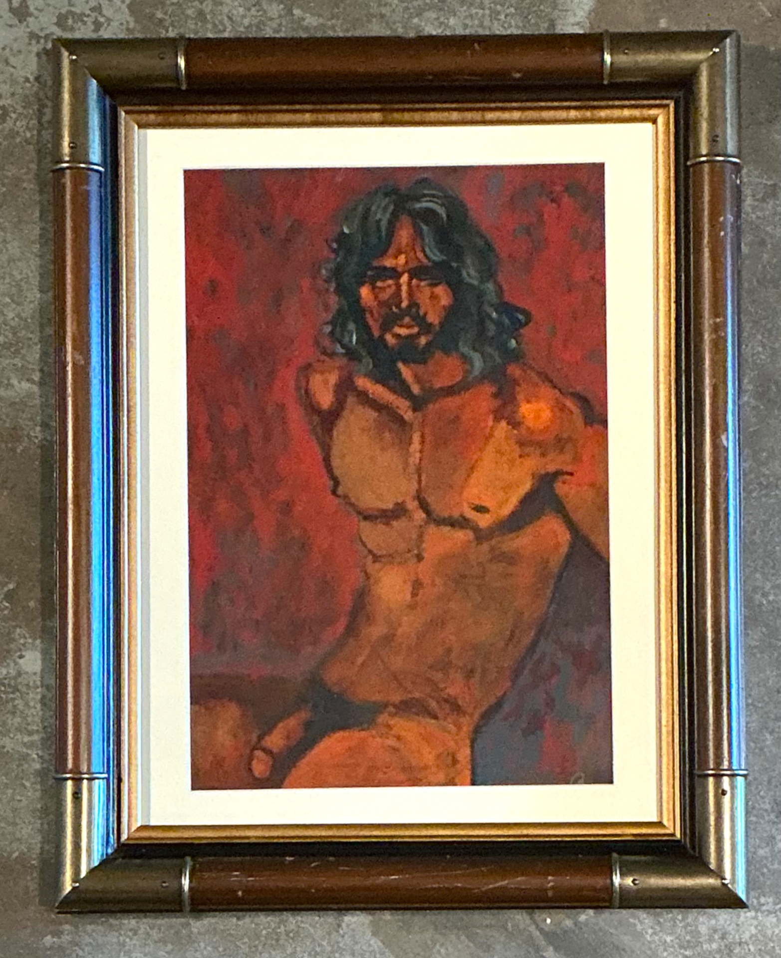 Vintage Figurative Oil Painting in Wood Frame - Top view