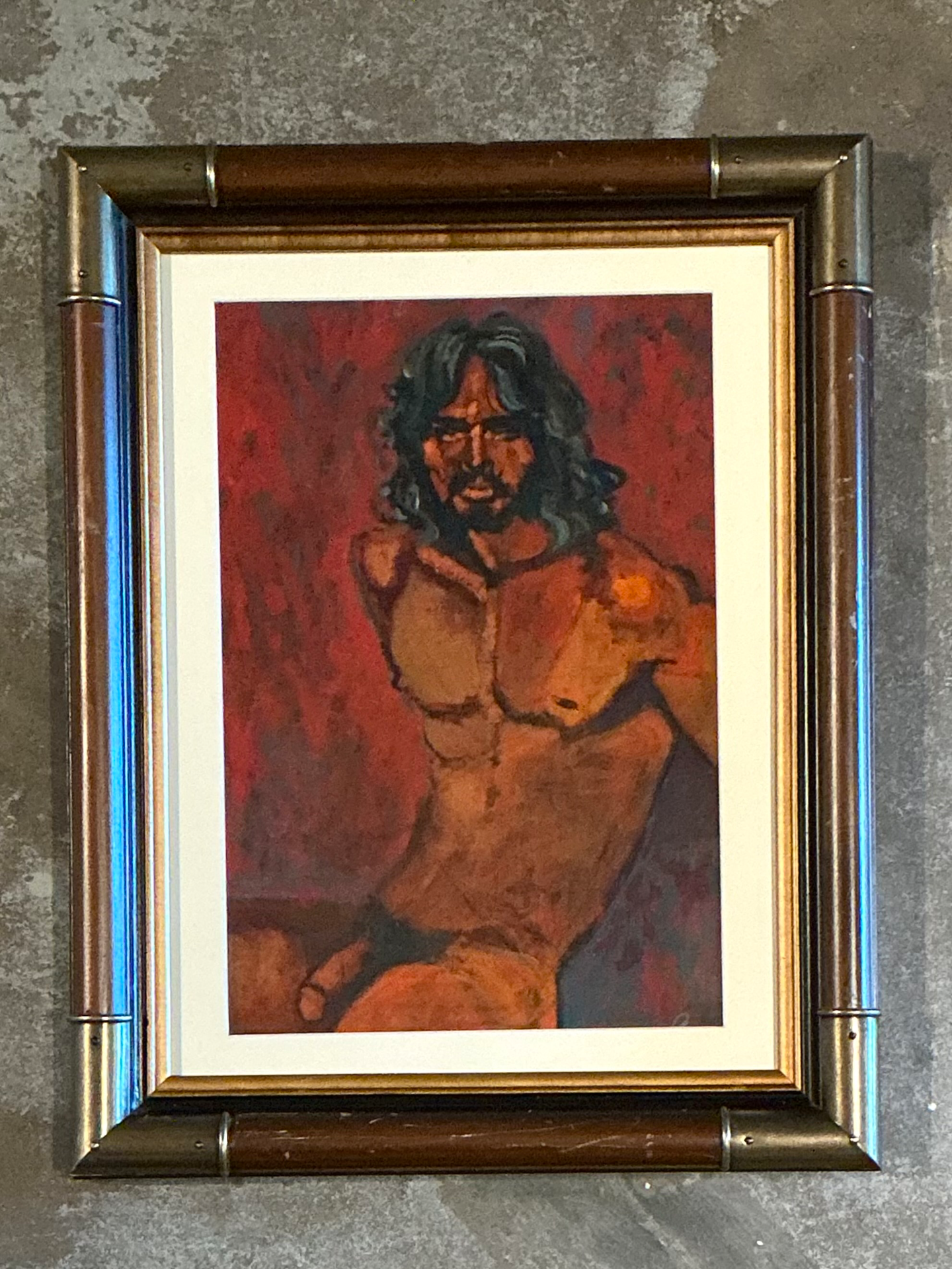 Vintage Figurative Oil Painting in Wood Frame - Side view