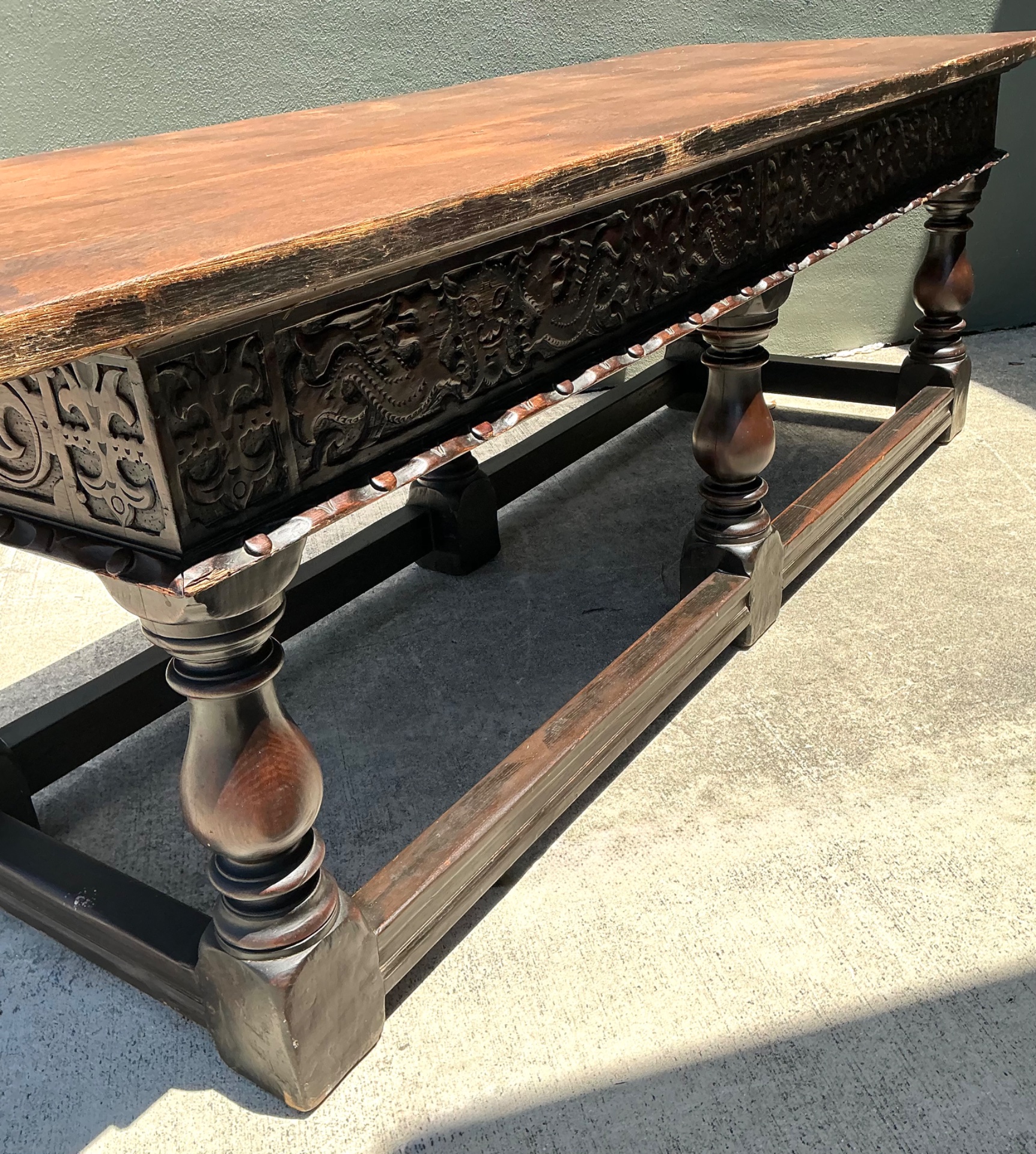 Vintage Carved Wood Library Table - Side view