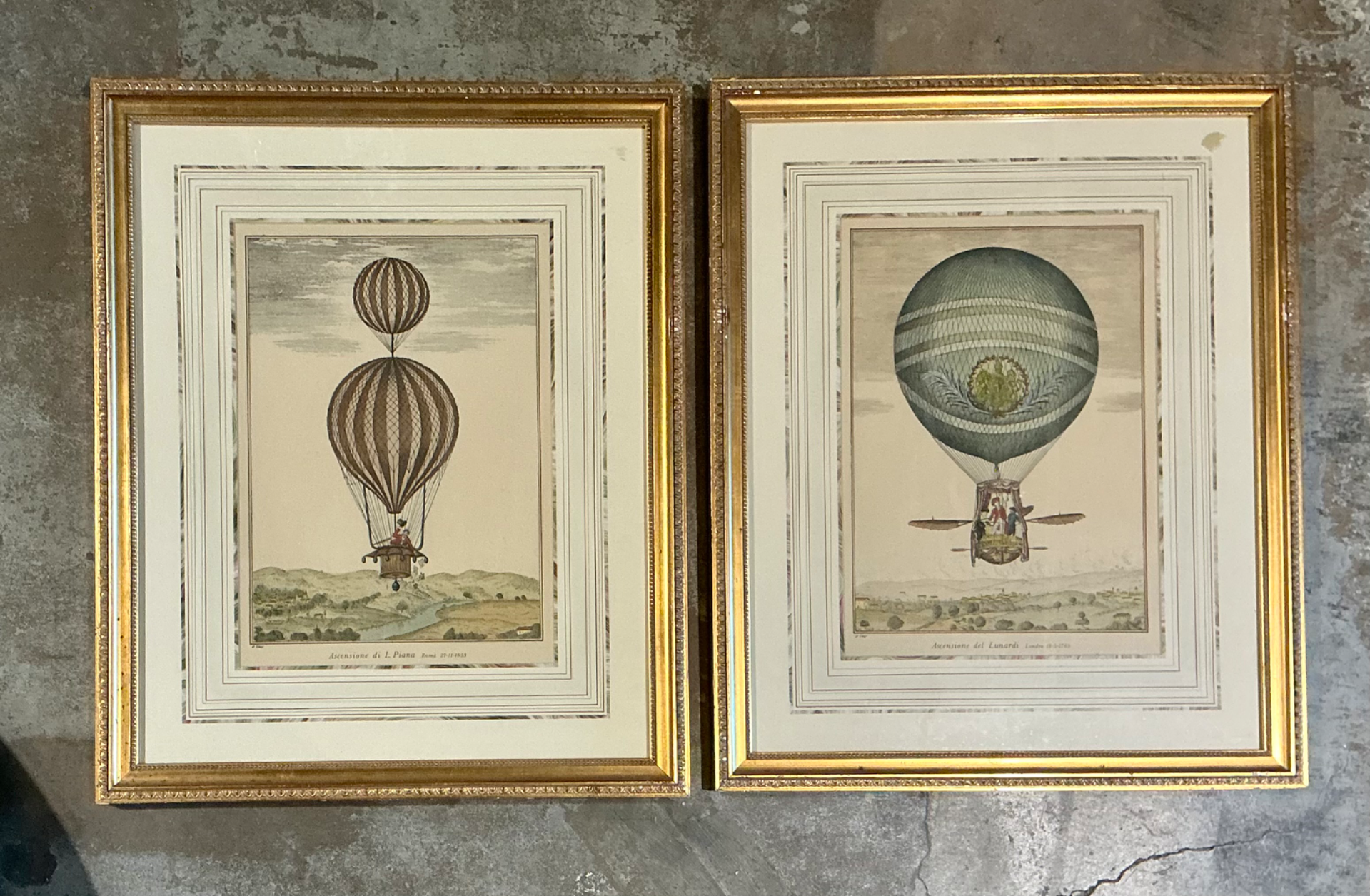 Vintage Framed Hot Air Balloon Prints - Pair - Side view