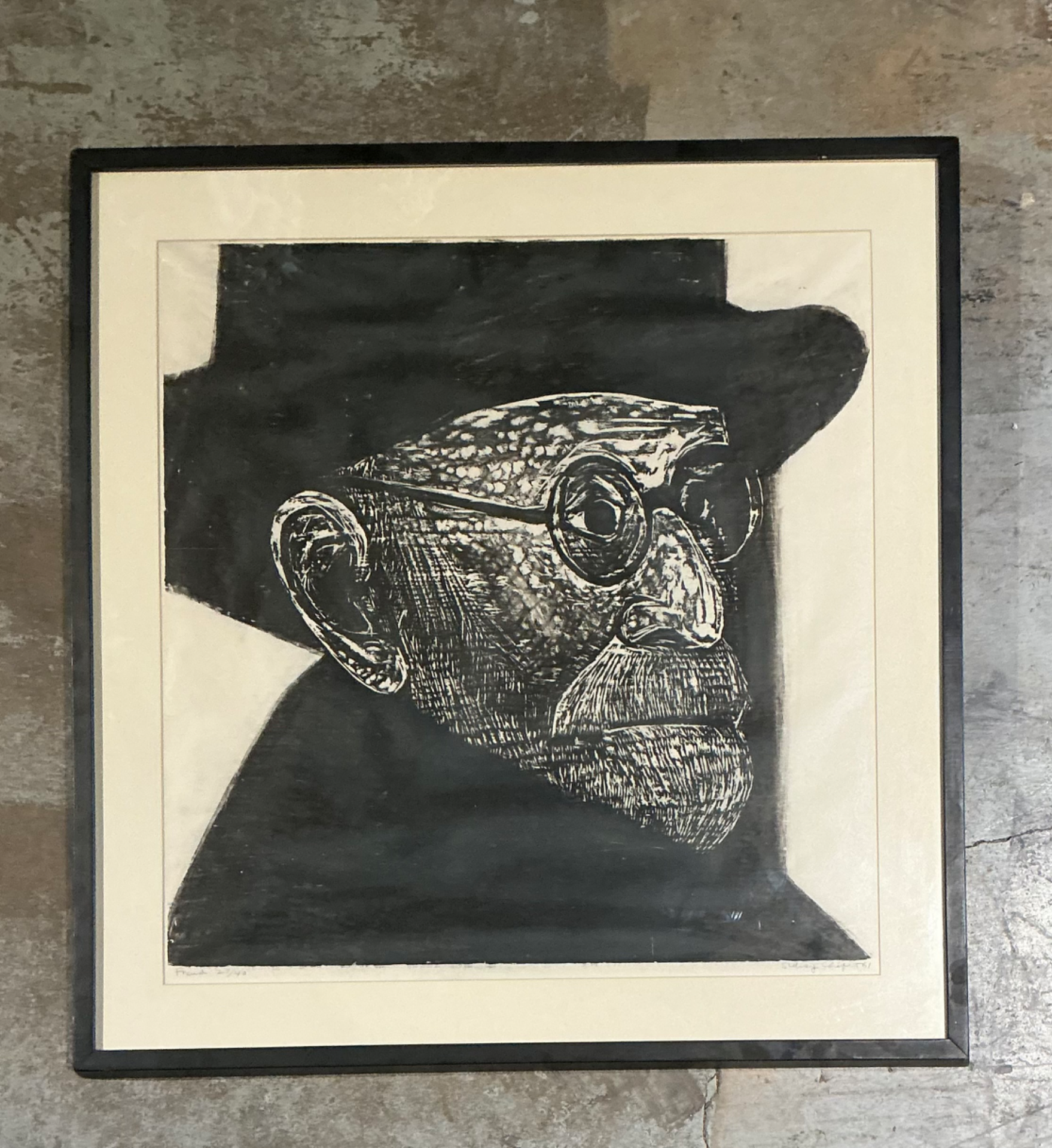 Vintage Black and White Framed Woodcut Of Sigmund Freud - Detail view