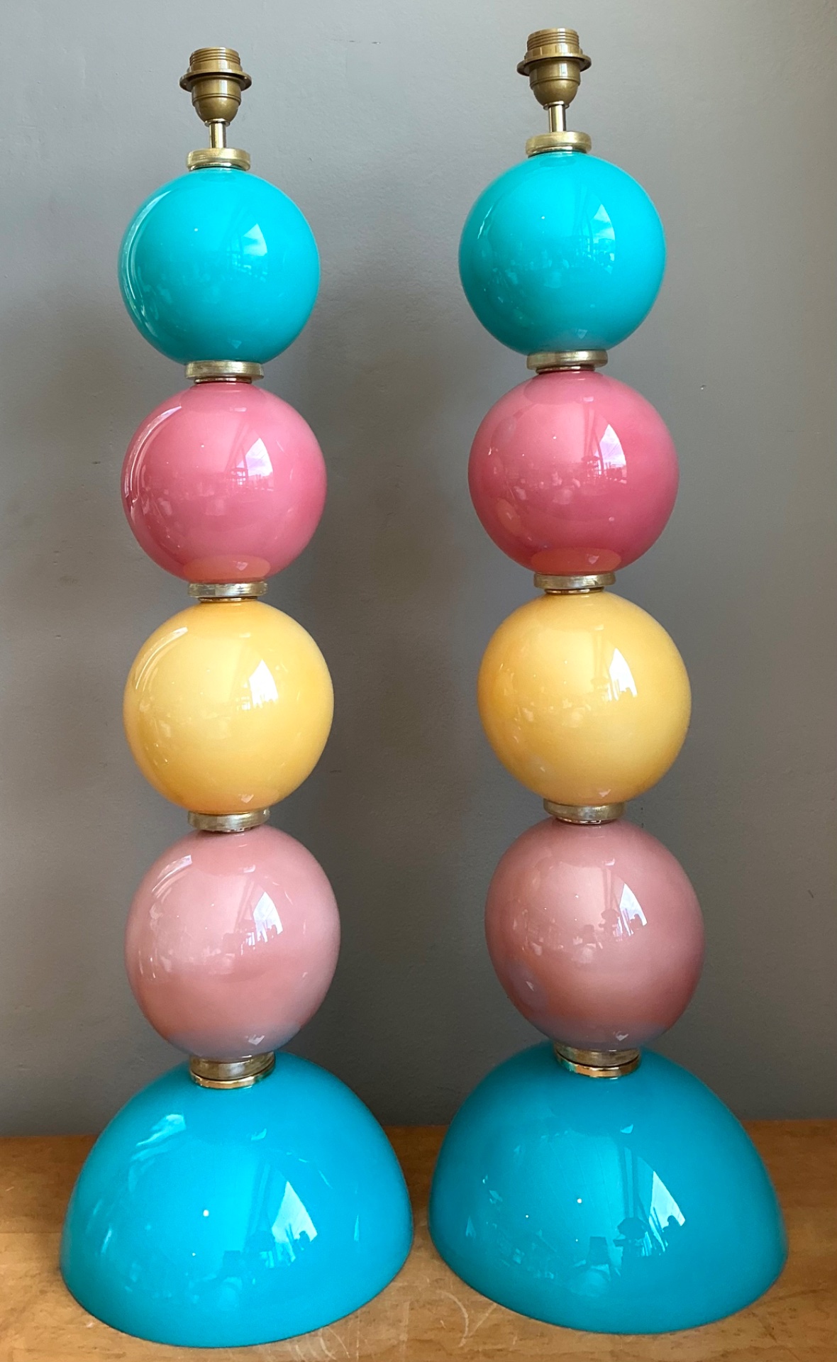 Vintage Murano Multicolor Glass Sphere Table Lamps - A Pair - Side view