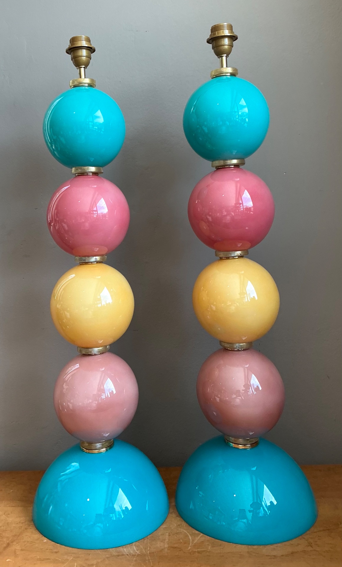 Vintage Murano Multicolor Glass Sphere Table Lamps - A Pair - Top view