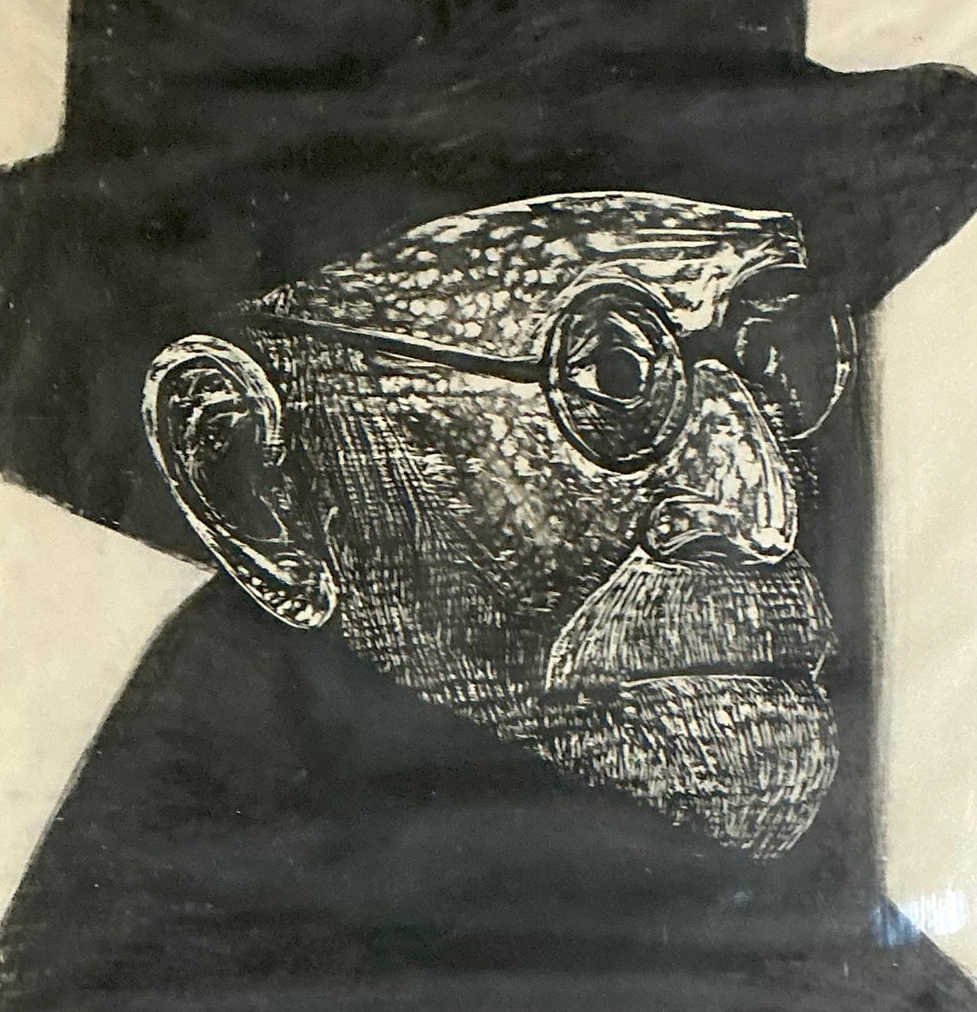 Vintage Black and White Framed Woodcut Of Sigmund Freud - Side view