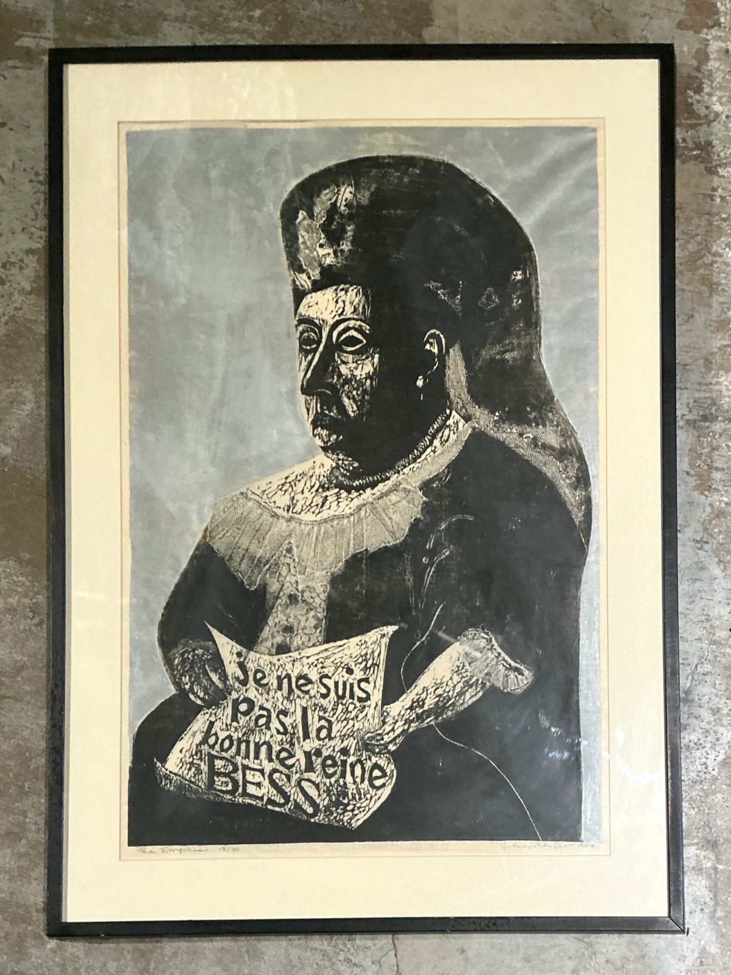 Vintage Queen Victoria Abstract The Empress” Figurative Woodcut Print - Side view