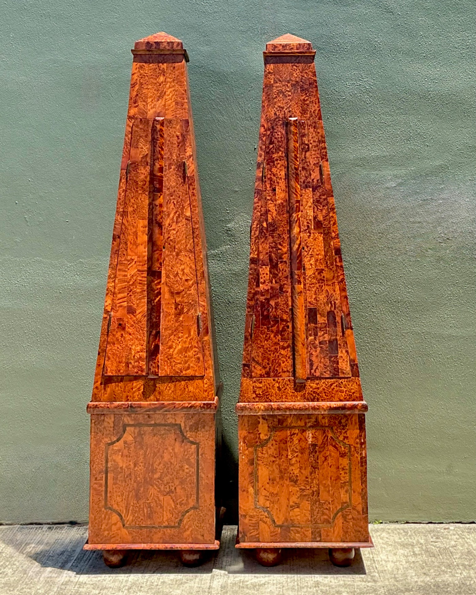 Vintage Tapered Burl Wood Obelisk Cabinets - Detail view
