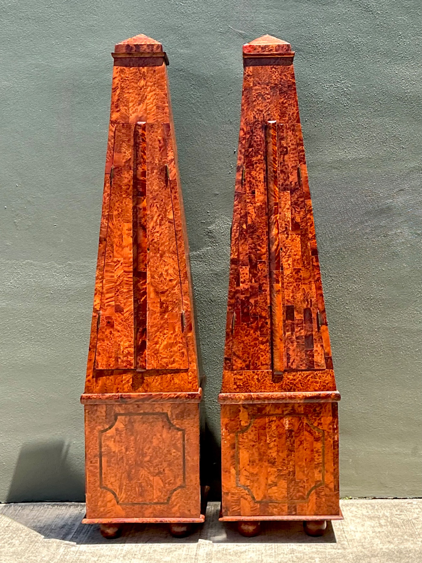 Vintage Tapered Burl Wood Obelisk Cabinets - Top view