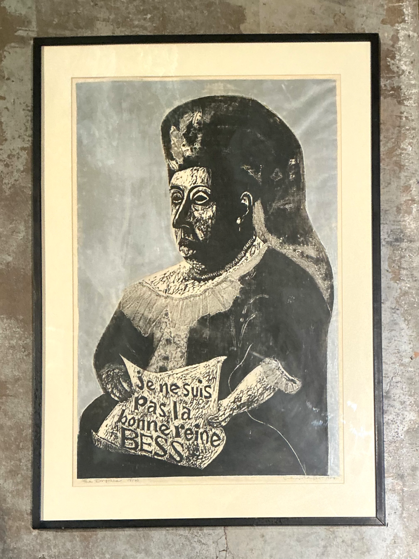 Vintage Queen Victoria Abstract The Empress” Figurative Woodcut Print - Back view