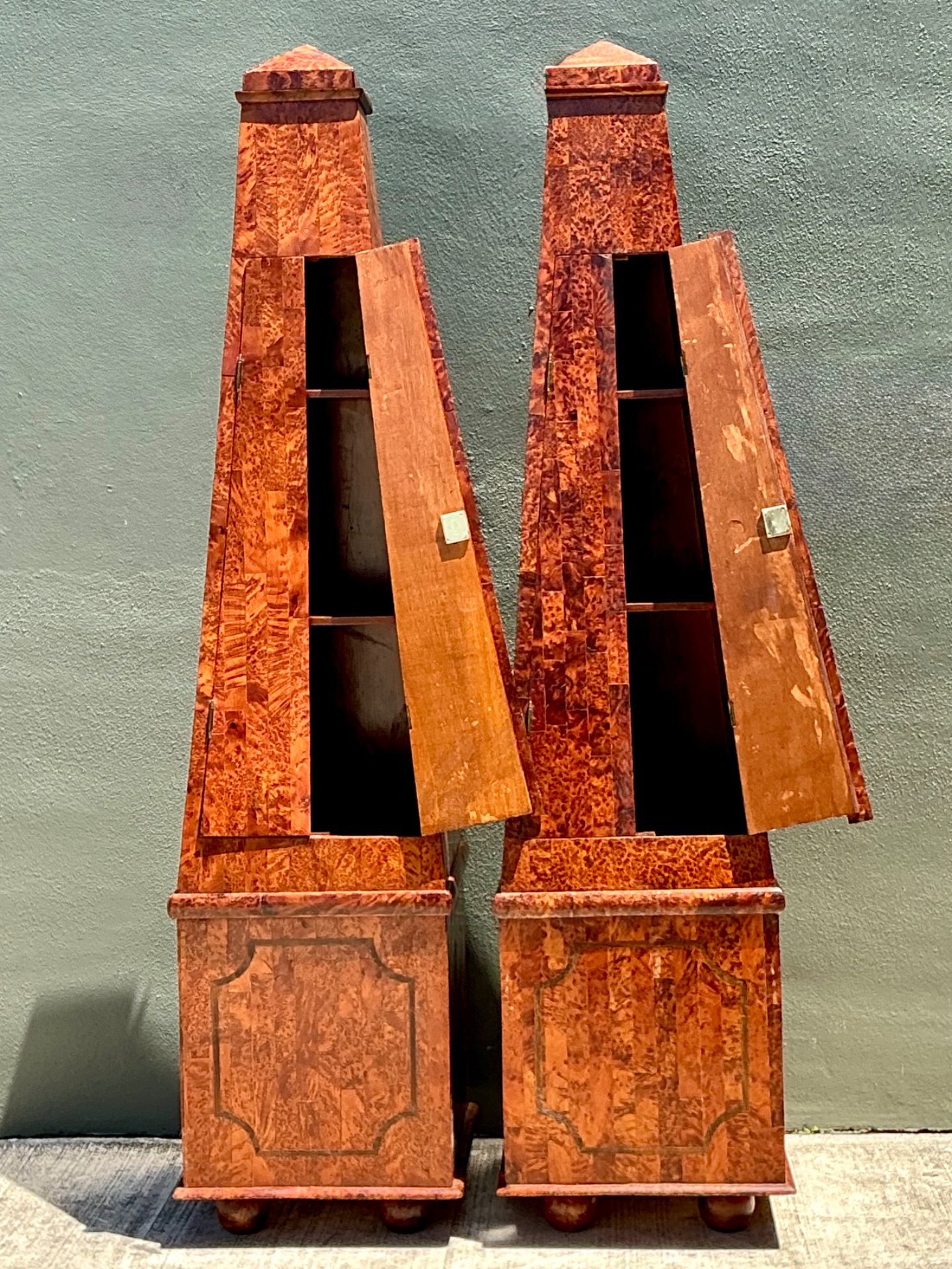 Vintage Tapered Burl Wood Obelisk Cabinets - Side view