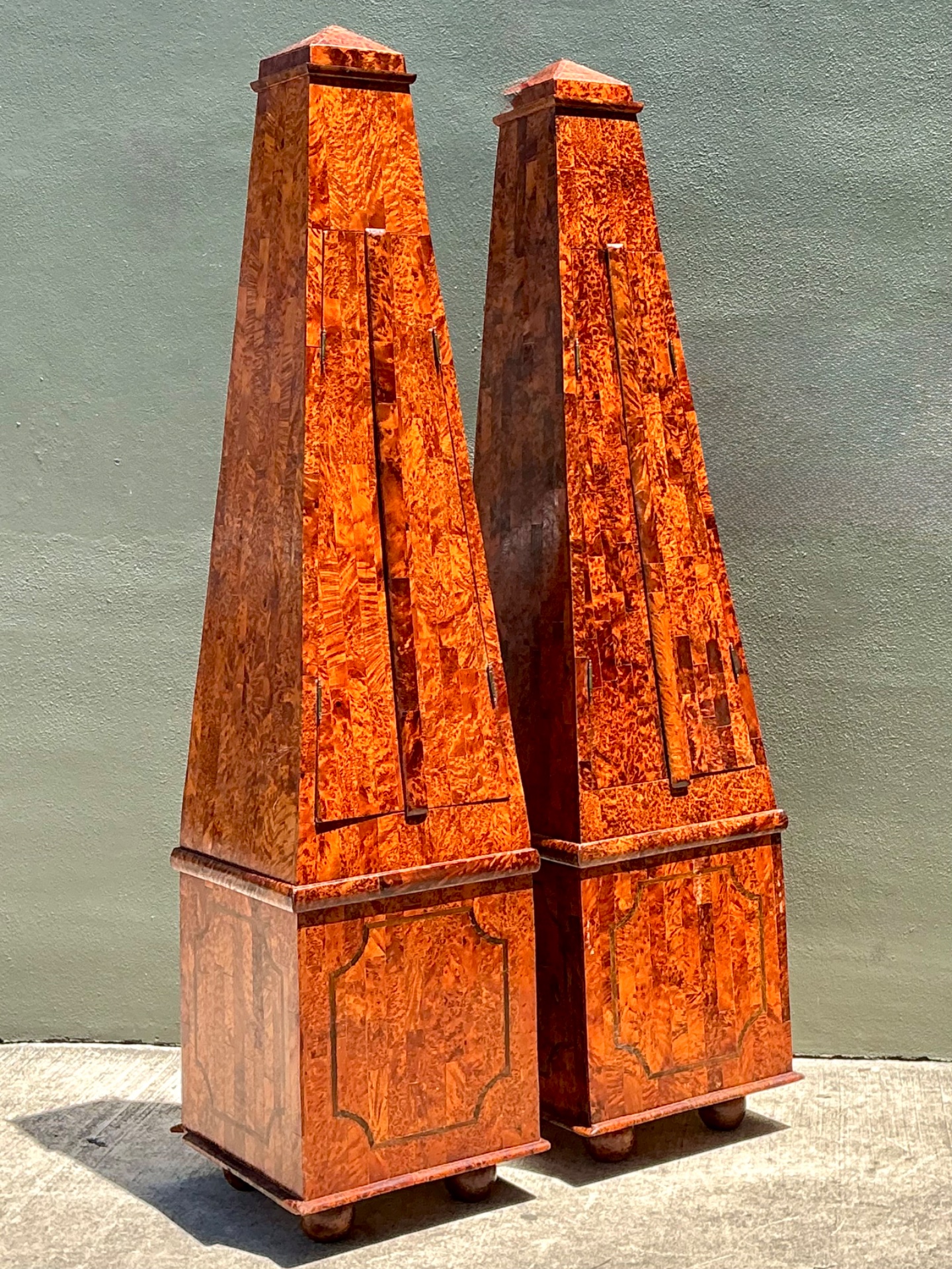 Vintage Tapered Burl Wood Obelisk Cabinets - Back view