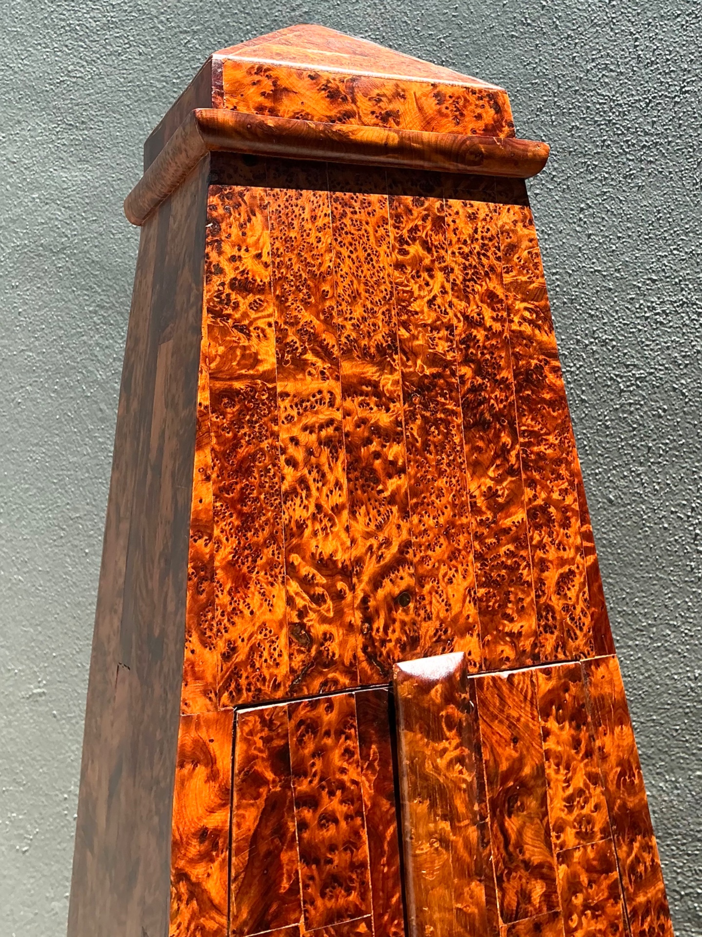 Vintage Tapered Burl Wood Obelisk Cabinets - Side view