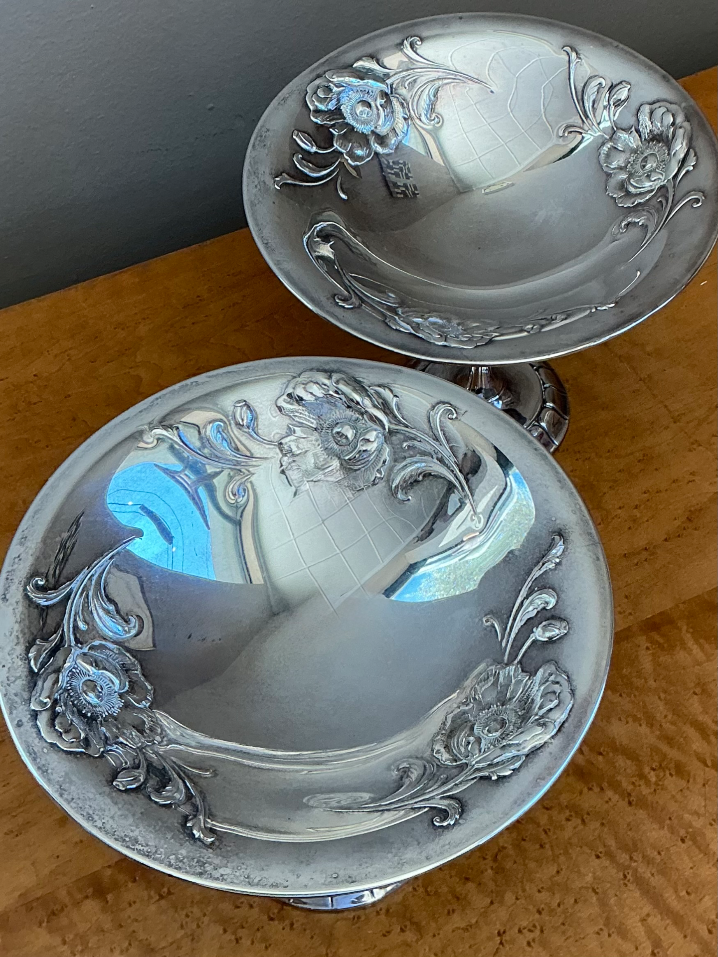 Vintage Silverplate Floral Compotes - Pair - Side view