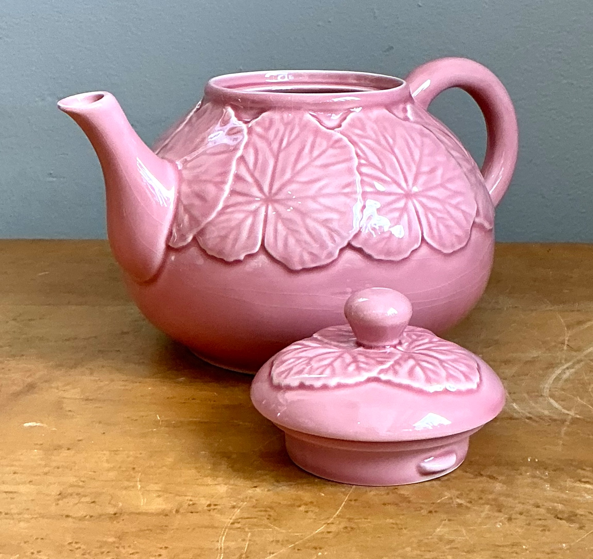 Vintage Bordallo Pinheiro Pink Cabbage Leaf Ceramic Teapot - Side view
