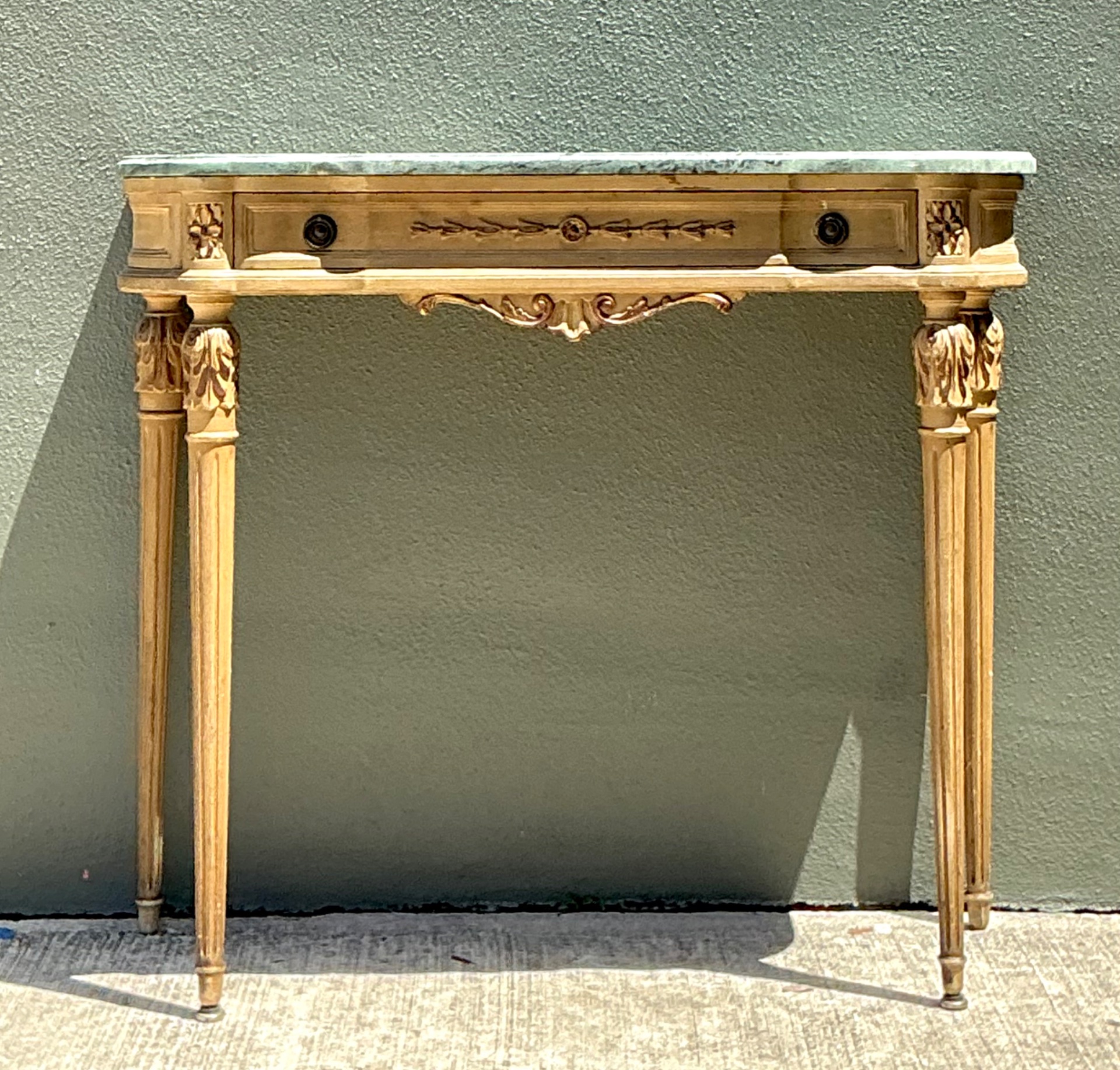 Vintage Marble Top Carved Console Wall Table - Side view