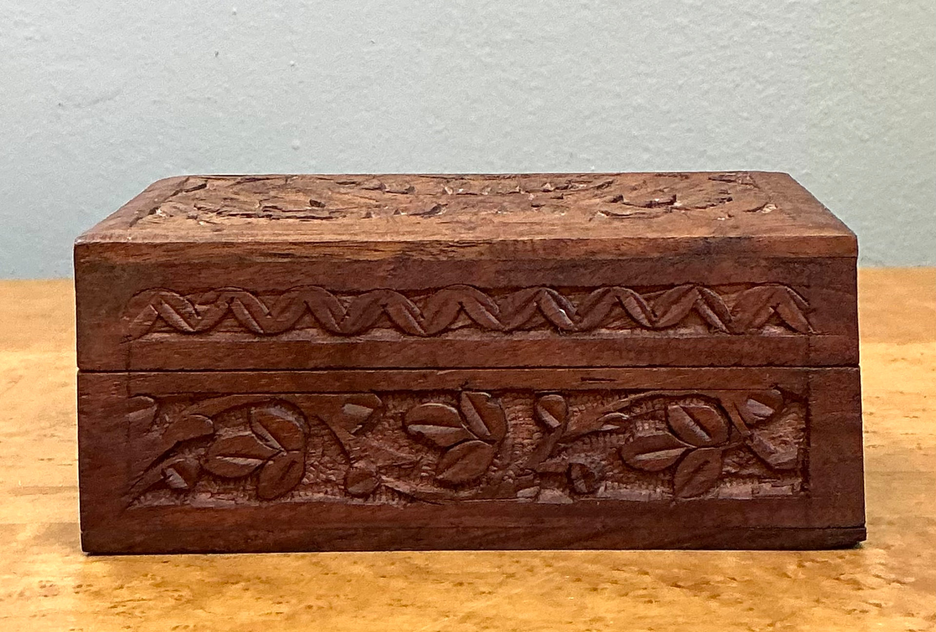 Vintage Carved Wood Trinket Box - Top view