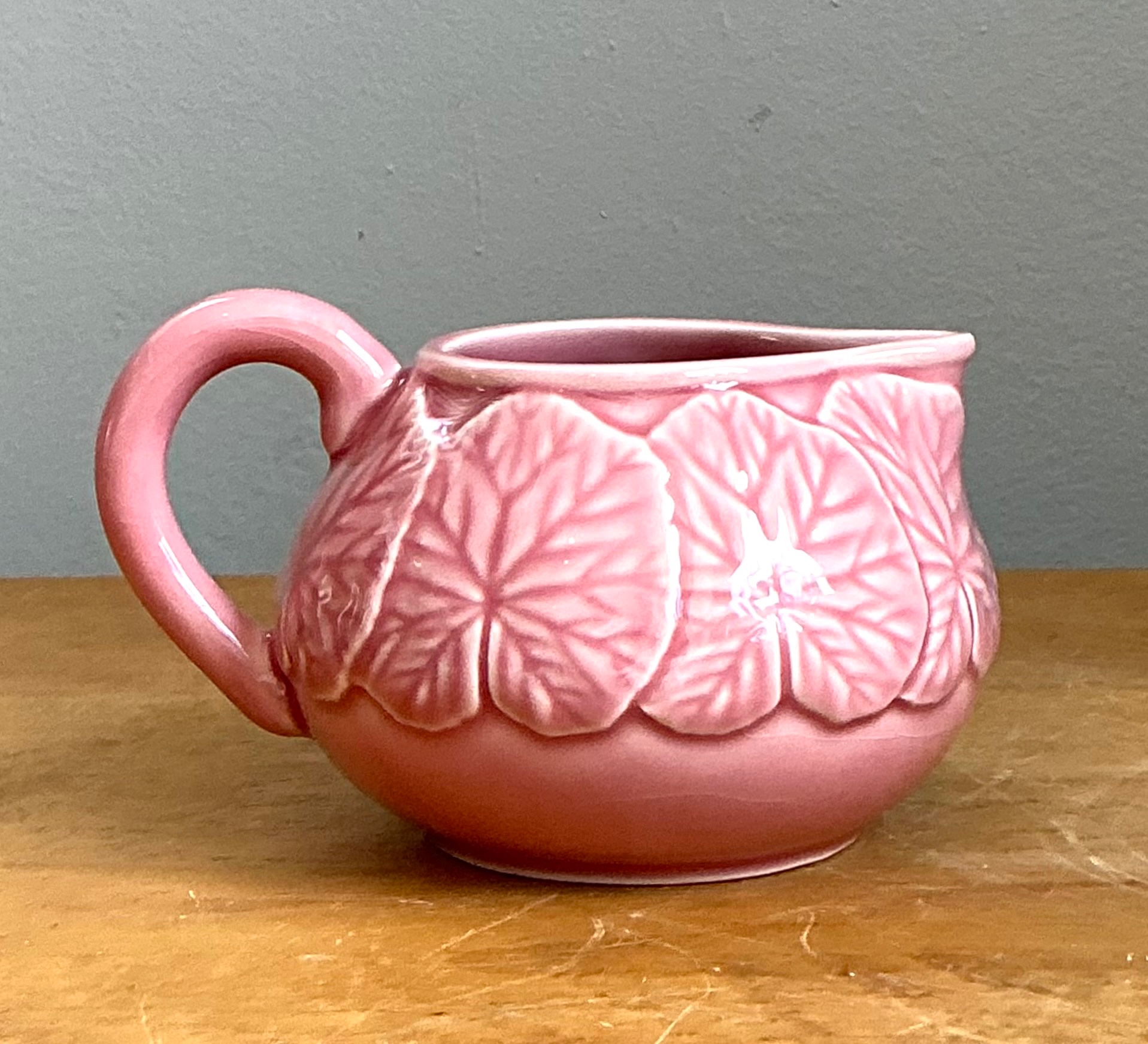Vintage Bordallo Pinheiro Pink Cabbage Leaf Creamer - Side view