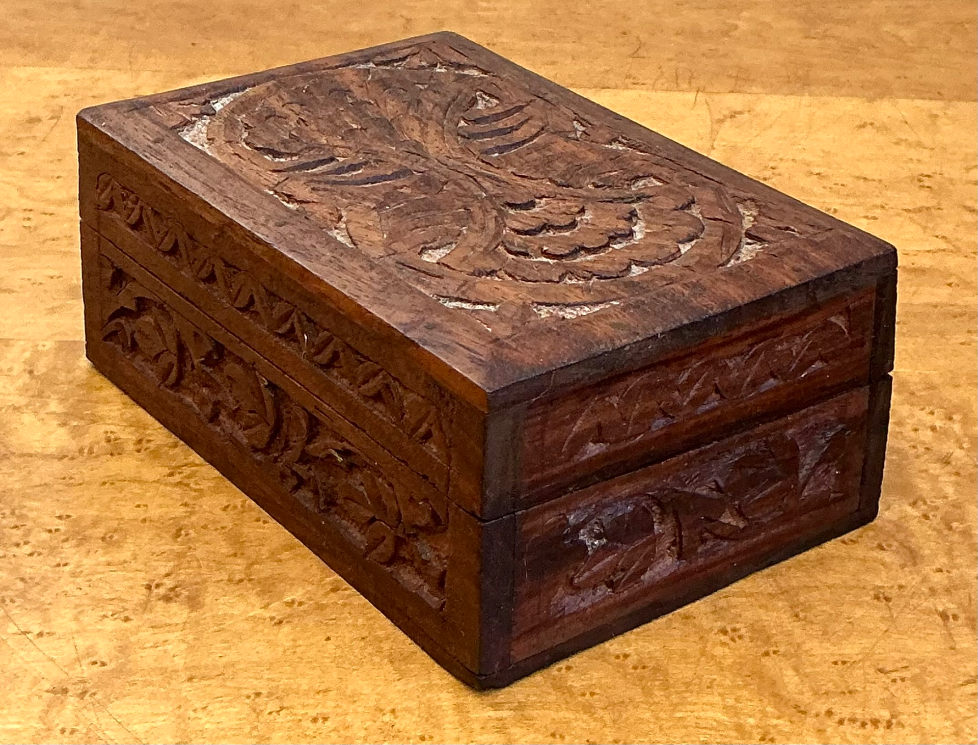 Vintage Carved Wood Trinket Box - Side view