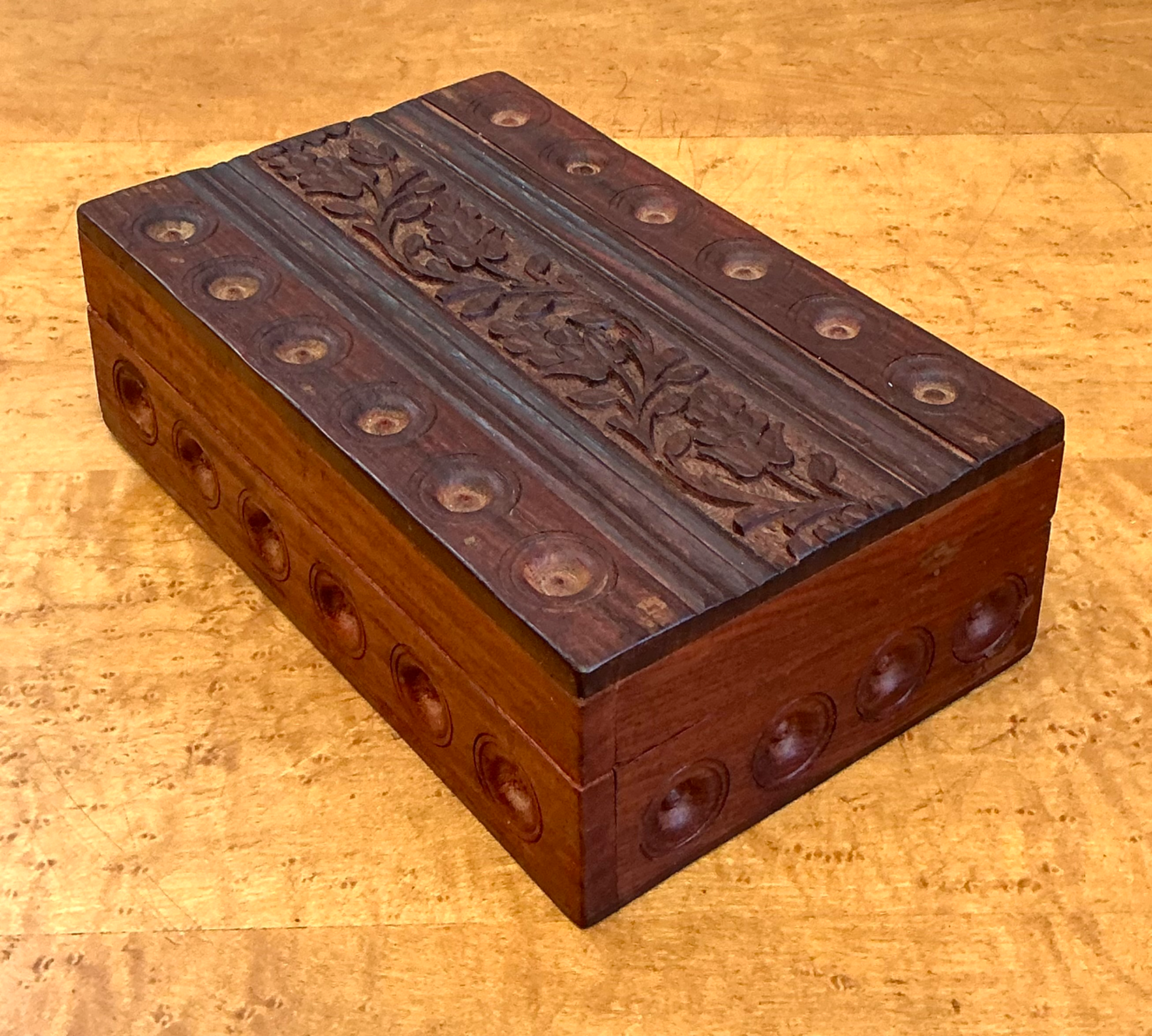 Vintage Carved Wood Trinket Box - Side view