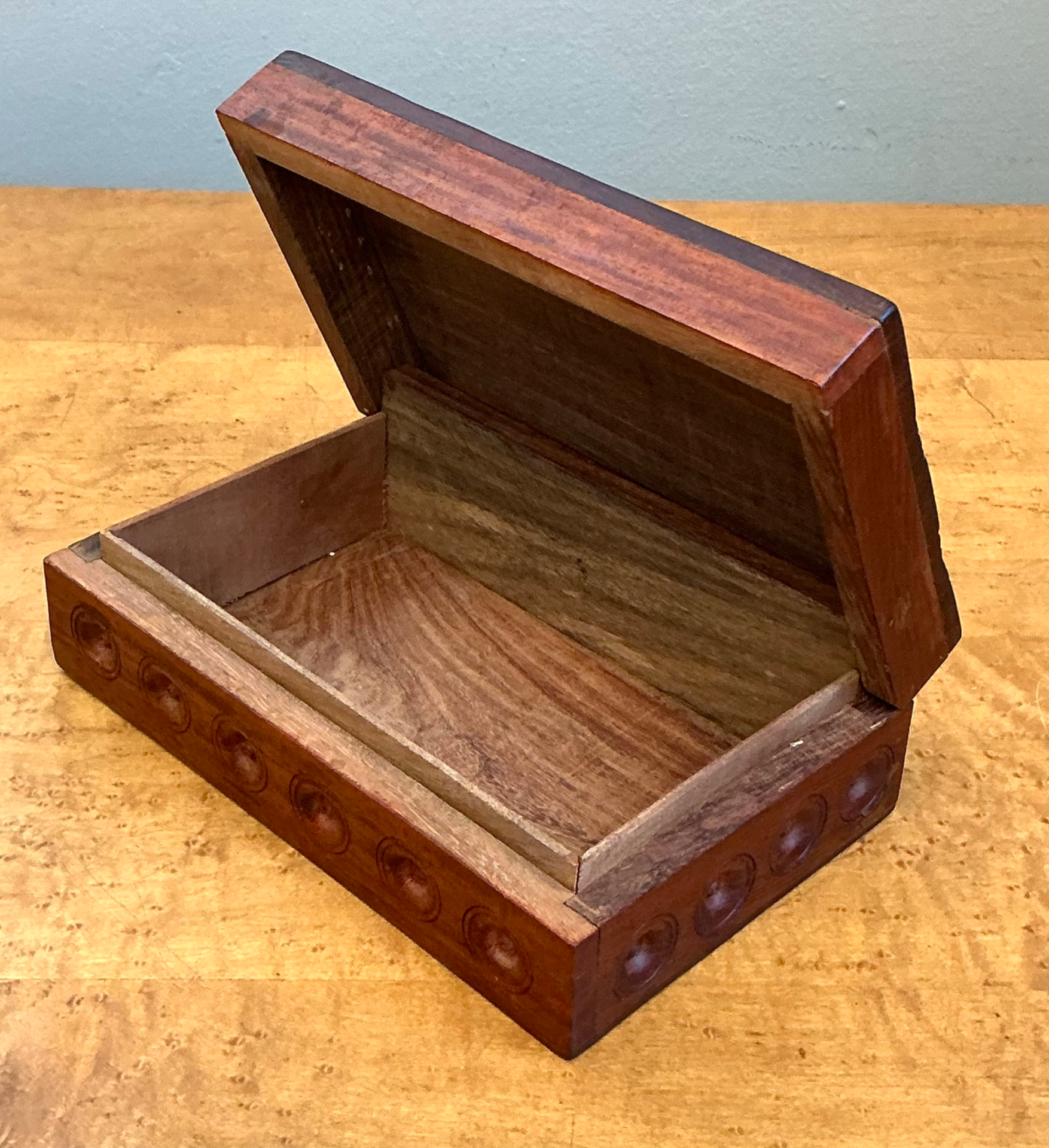 Vintage Carved Wood Trinket Box - Top view