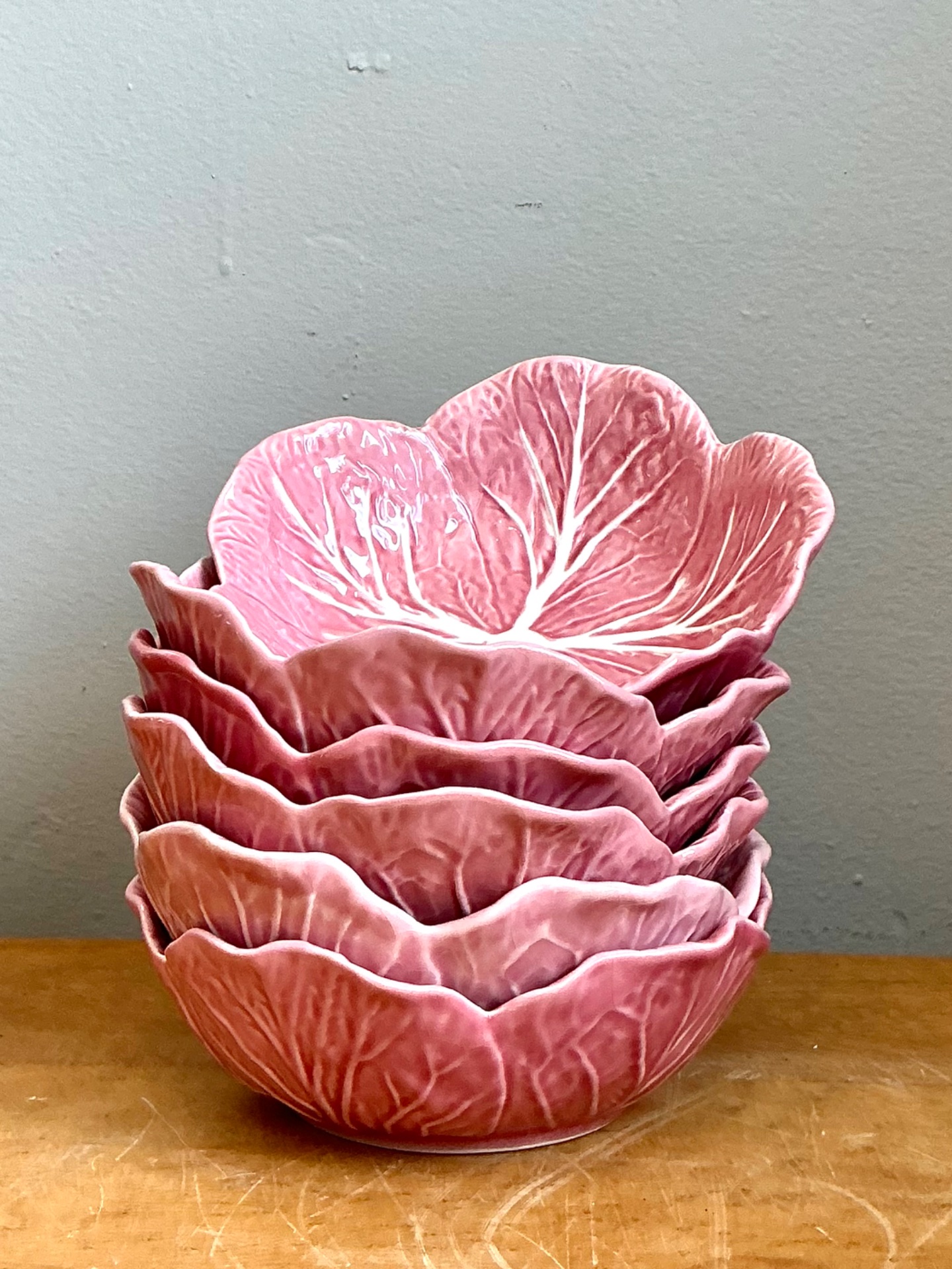 Vintage Bordallo Pinheiro Pink Cabbage Leaf Ceramic Bowls - Set of 6 - Ceramic, 6.75W x 2.5H - Back view