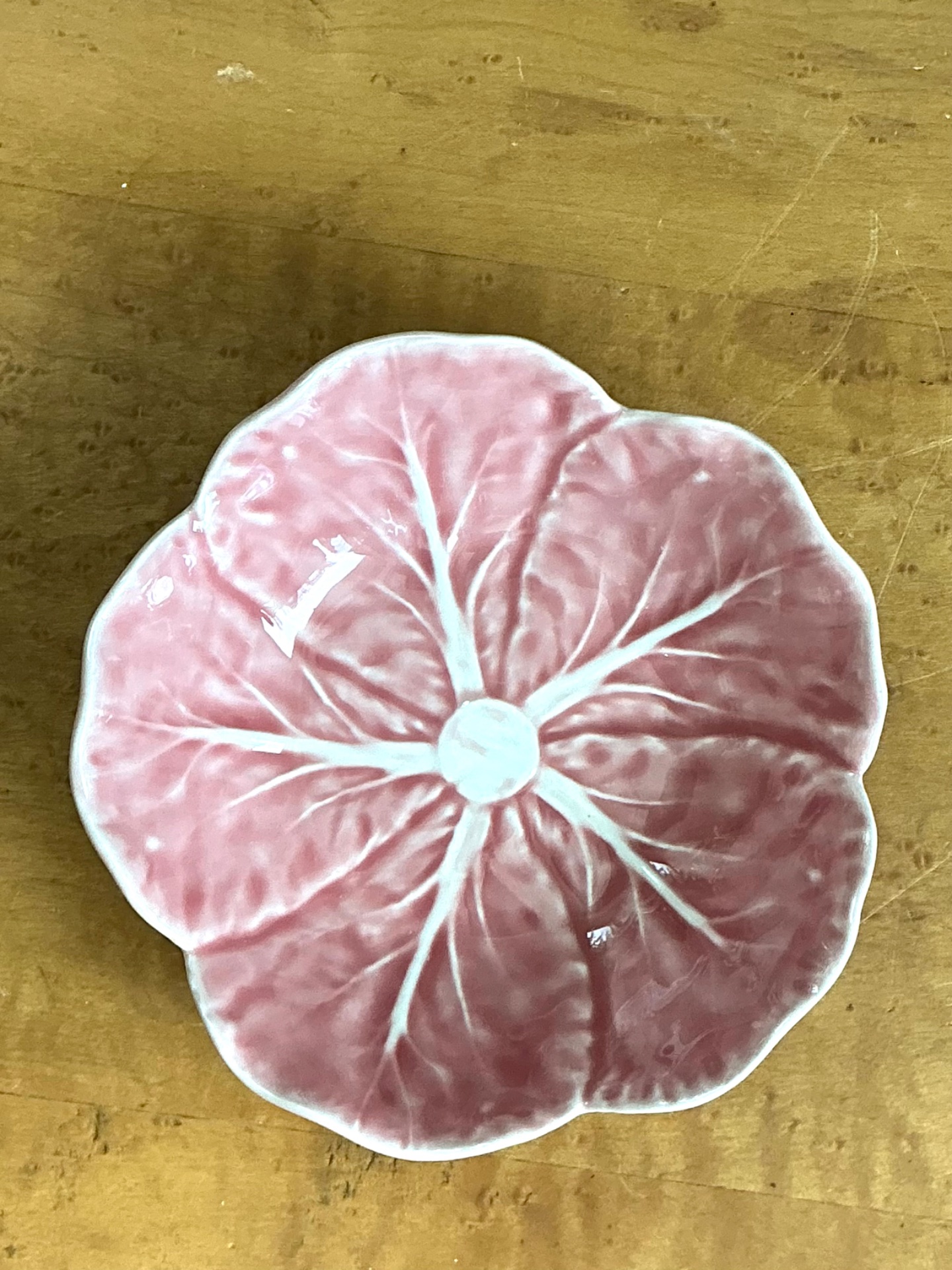 Vintage Bordallo Pinheiro Pink Cabbage Leaf Ceramic Bowls - Set of 6 - Ceramic, 6.75W x 2.5H - Top view