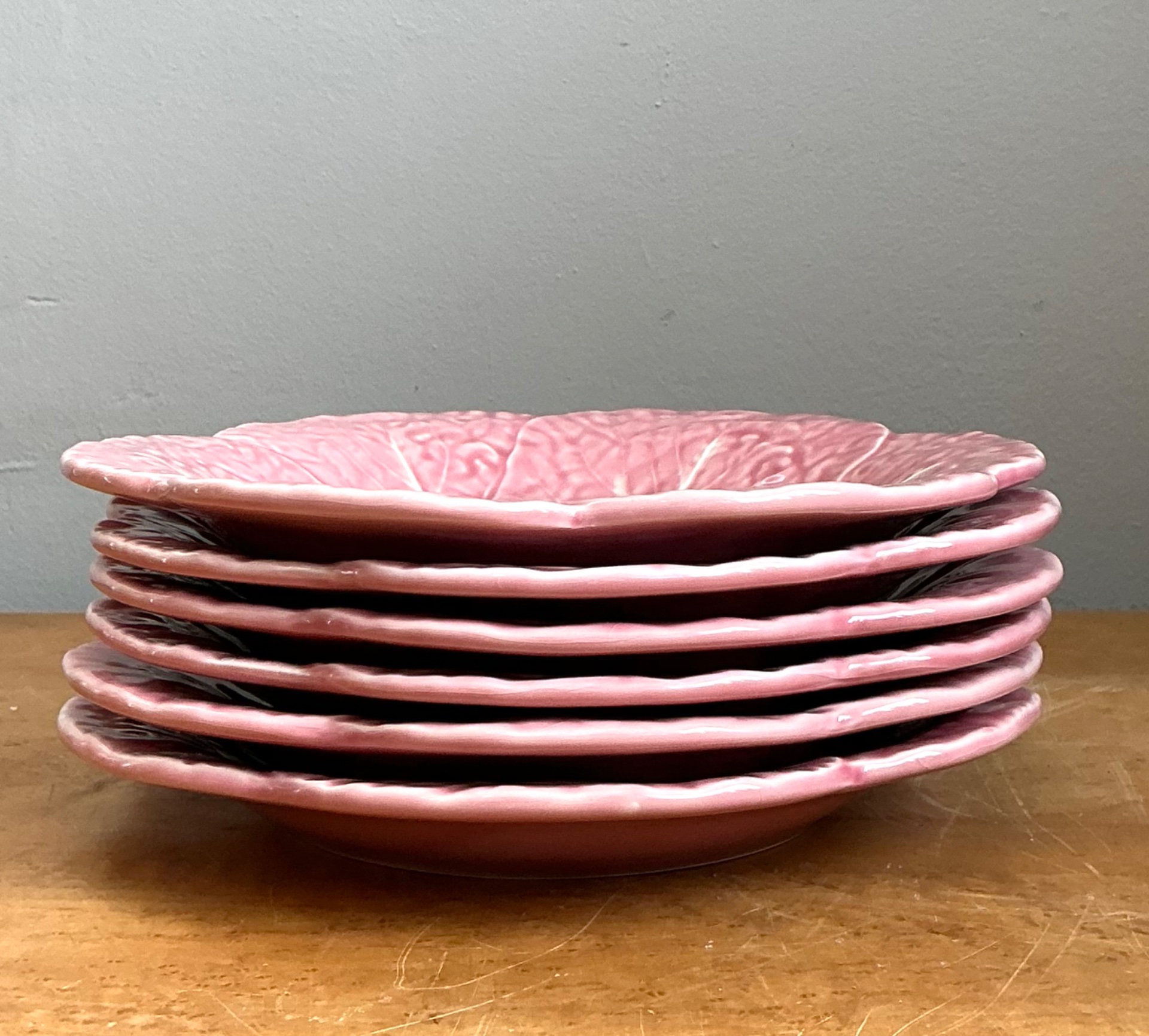 Vintage Bordallo Pinheiro Pink Cabbage Leaf Plates - Set of 6 - Side view