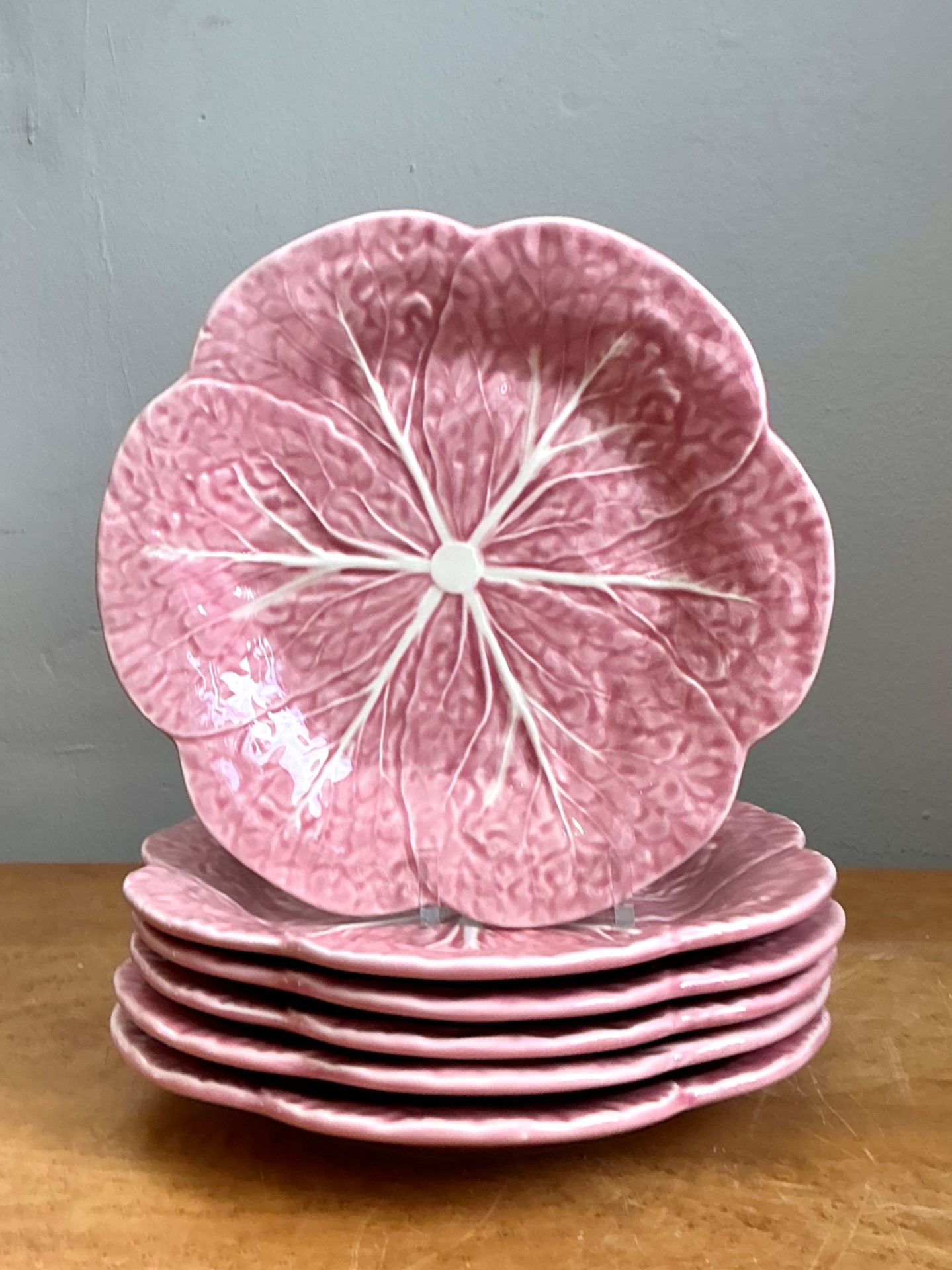 Vintage Bordallo Pinheiro Pink Cabbage Leaf Plates - Set of 6 - Top view