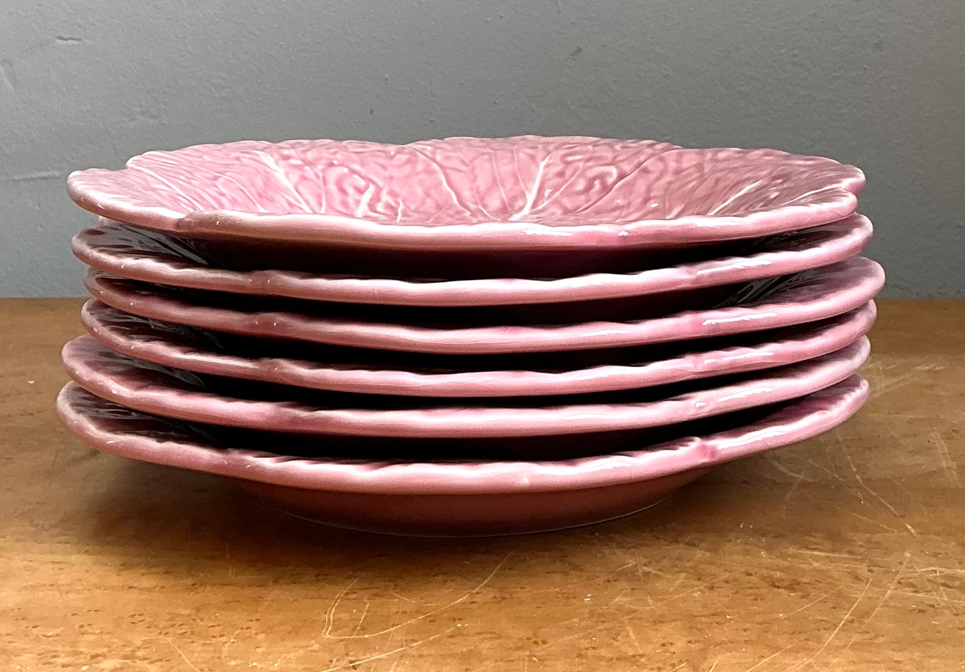 Vintage Bordallo Pinheiro Pink Cabbage Leaf Plates - Set of 4 - Top view