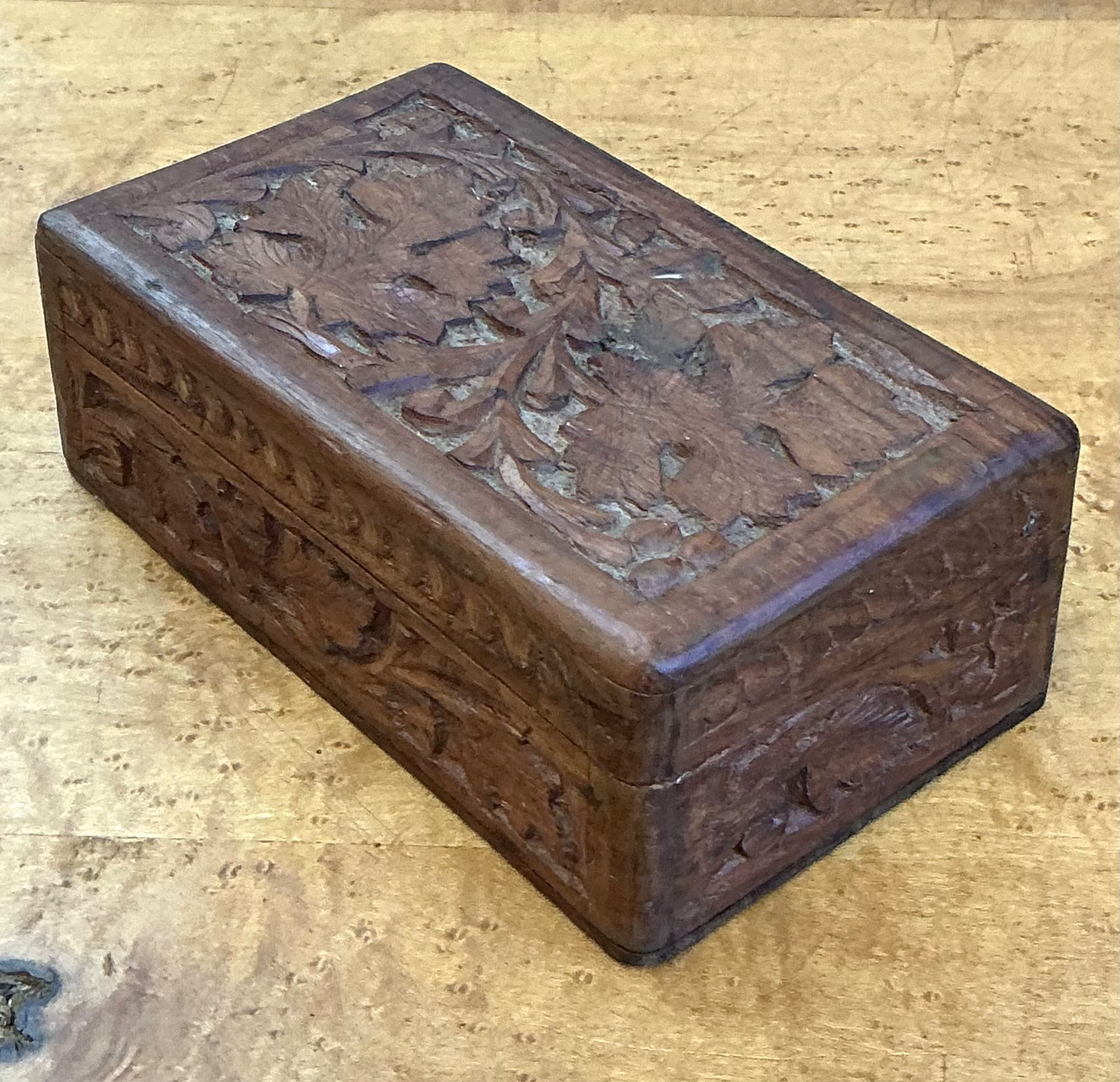 Vintage Carved Wood Trinket Box - Top view
