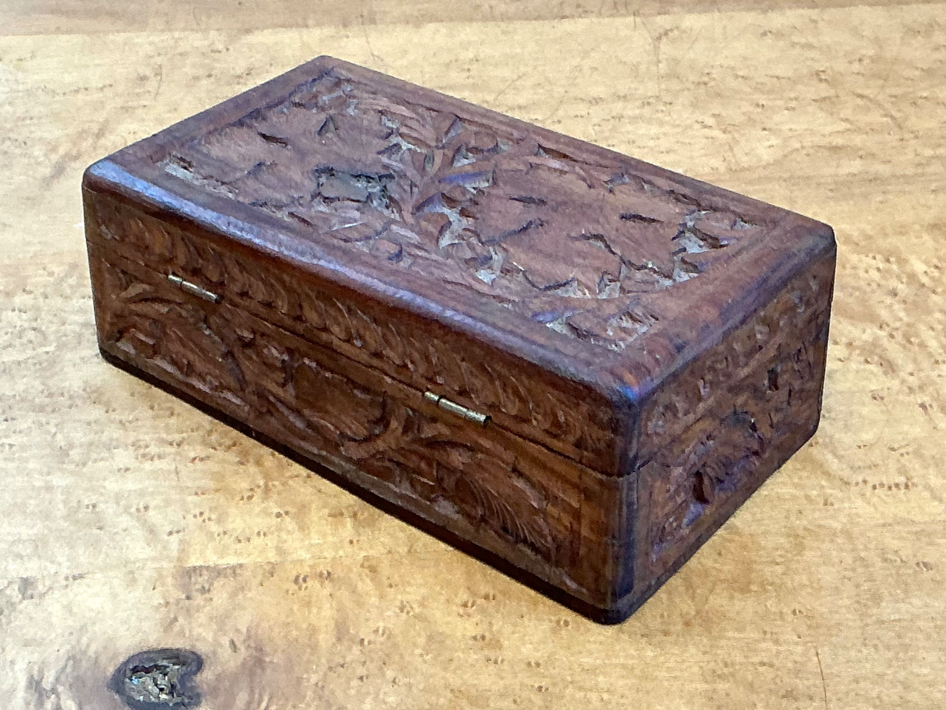 Vintage Carved Wood Trinket Box - Side view