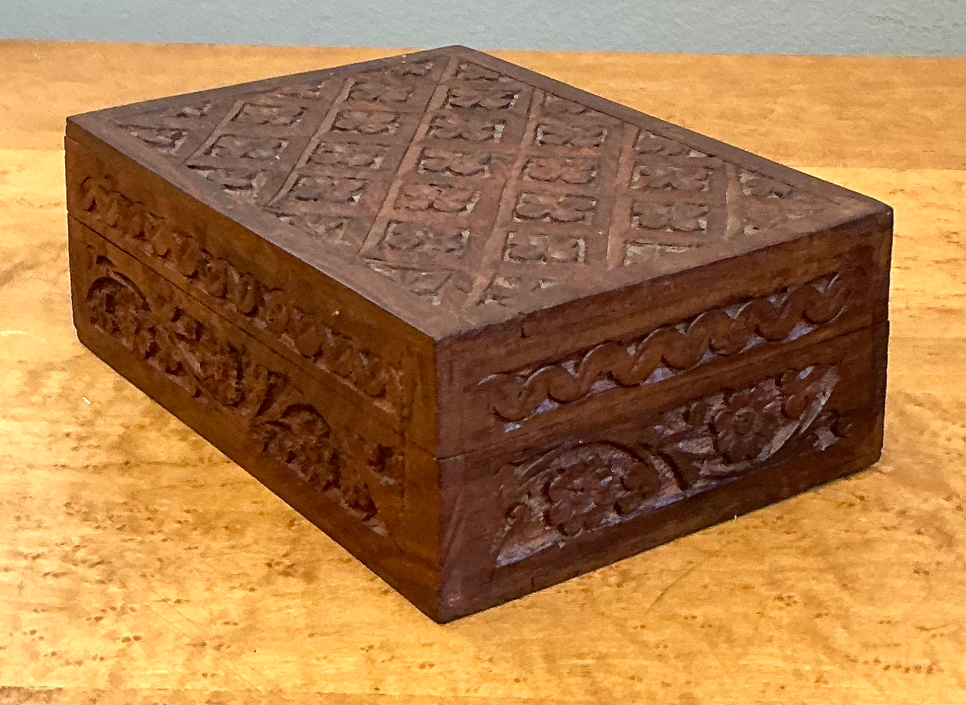 Vintage Carved Wood Trinket Box - Side view