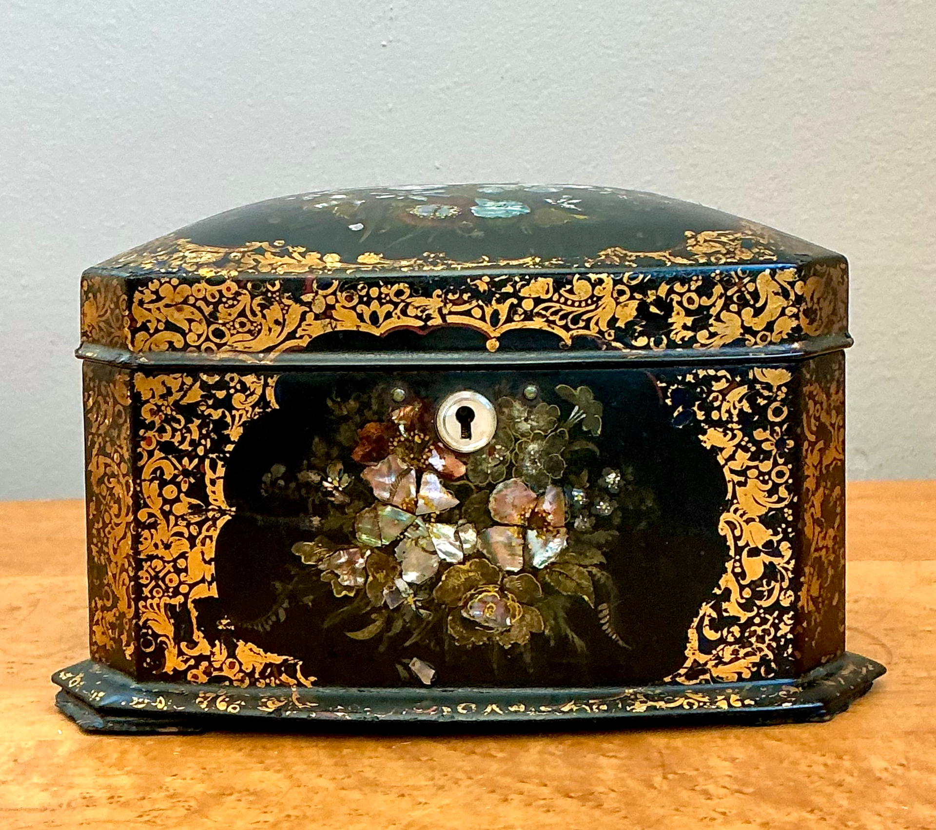 Vintage English Floral Inlaid Decorative Tea Caddy - Top view