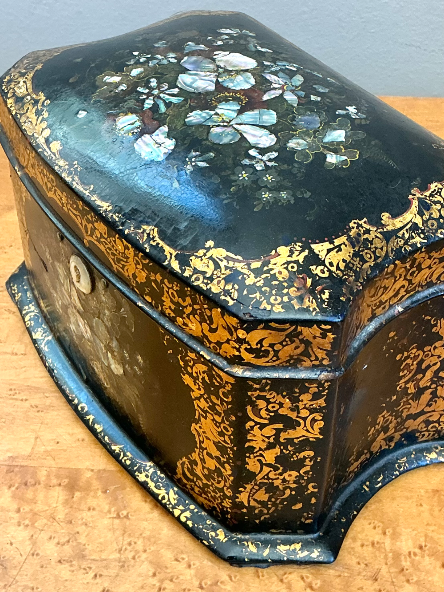 Vintage English Floral Inlaid Decorative Tea Caddy - Side view