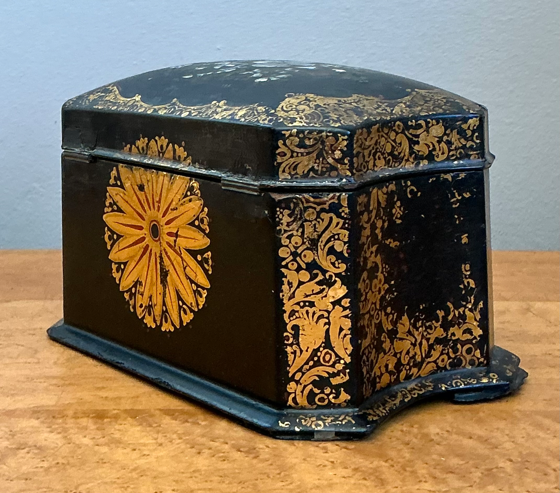 Vintage English Floral Inlaid Decorative Tea Caddy - Back view
