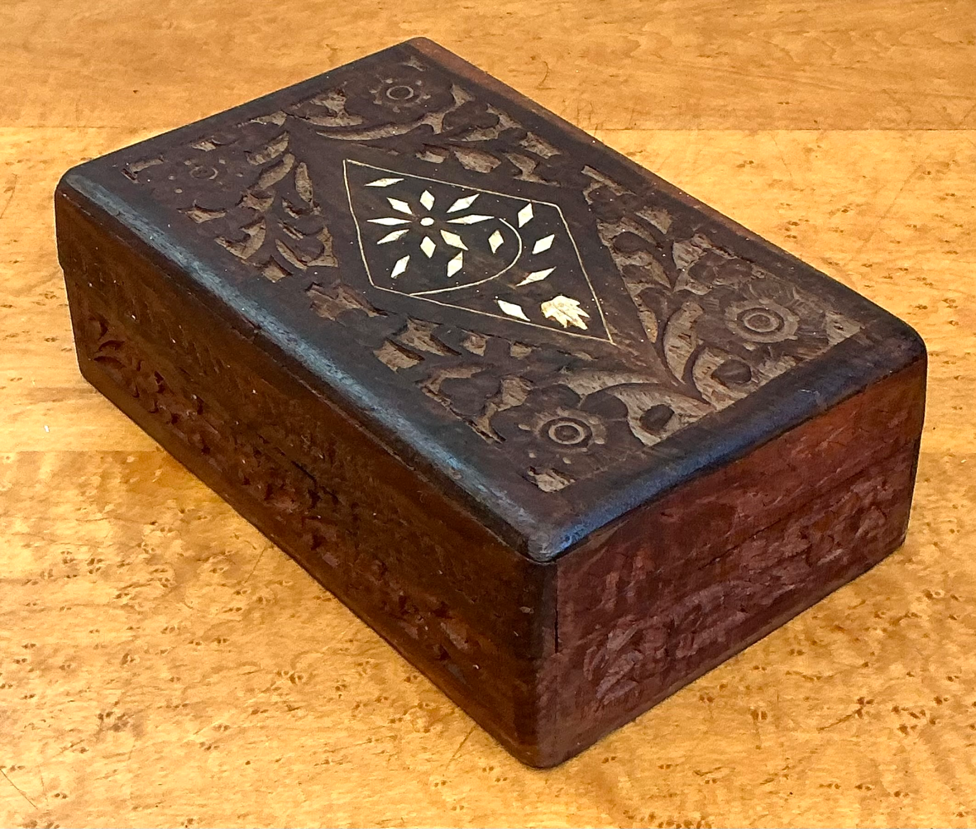 Vintage Carved Wood Trinket Box - Top view