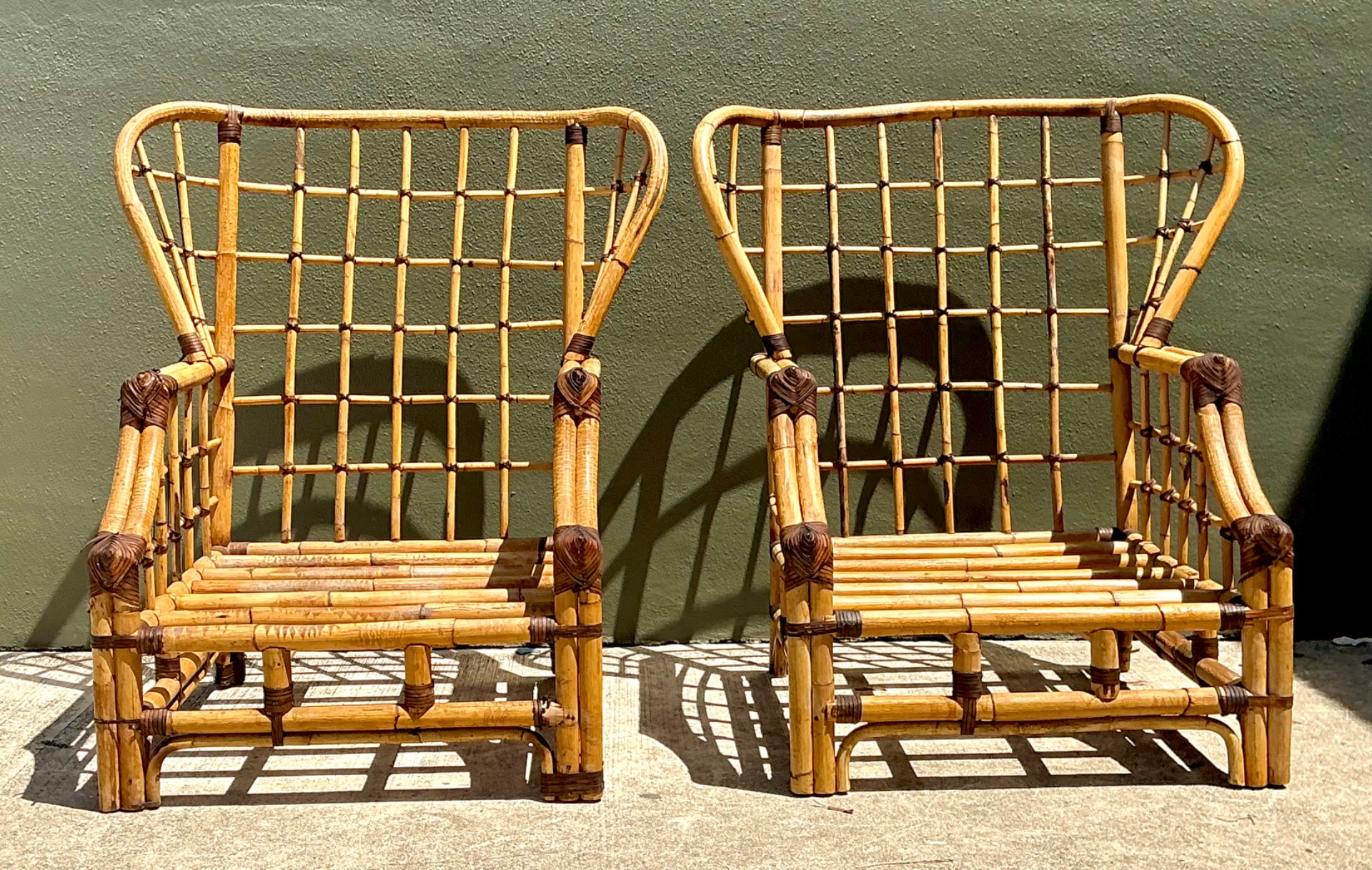 Vintage Grid Rattan High Back Chairs - Pair - Detail view