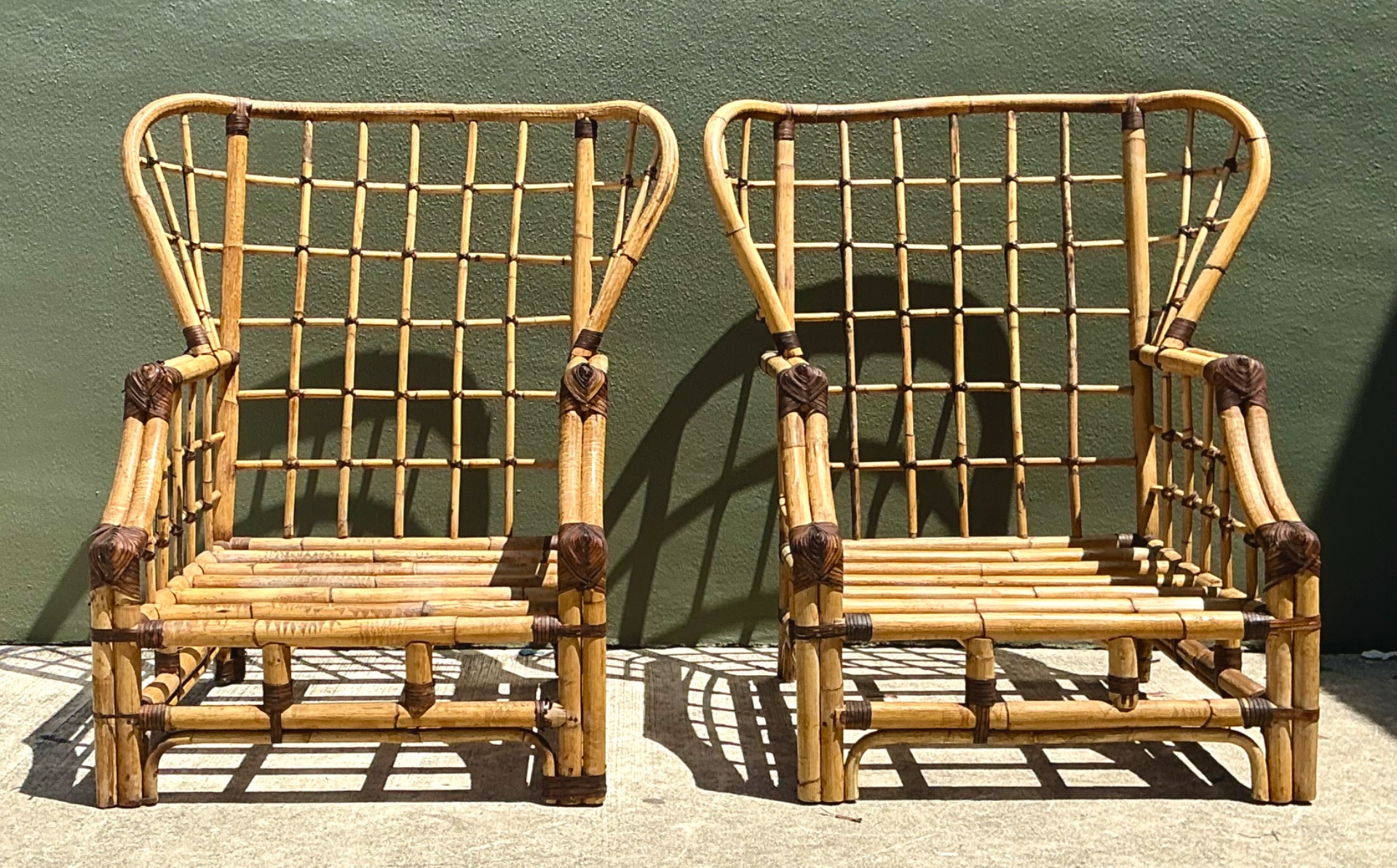 Vintage Grid Rattan High Back Chairs - Pair - Back view