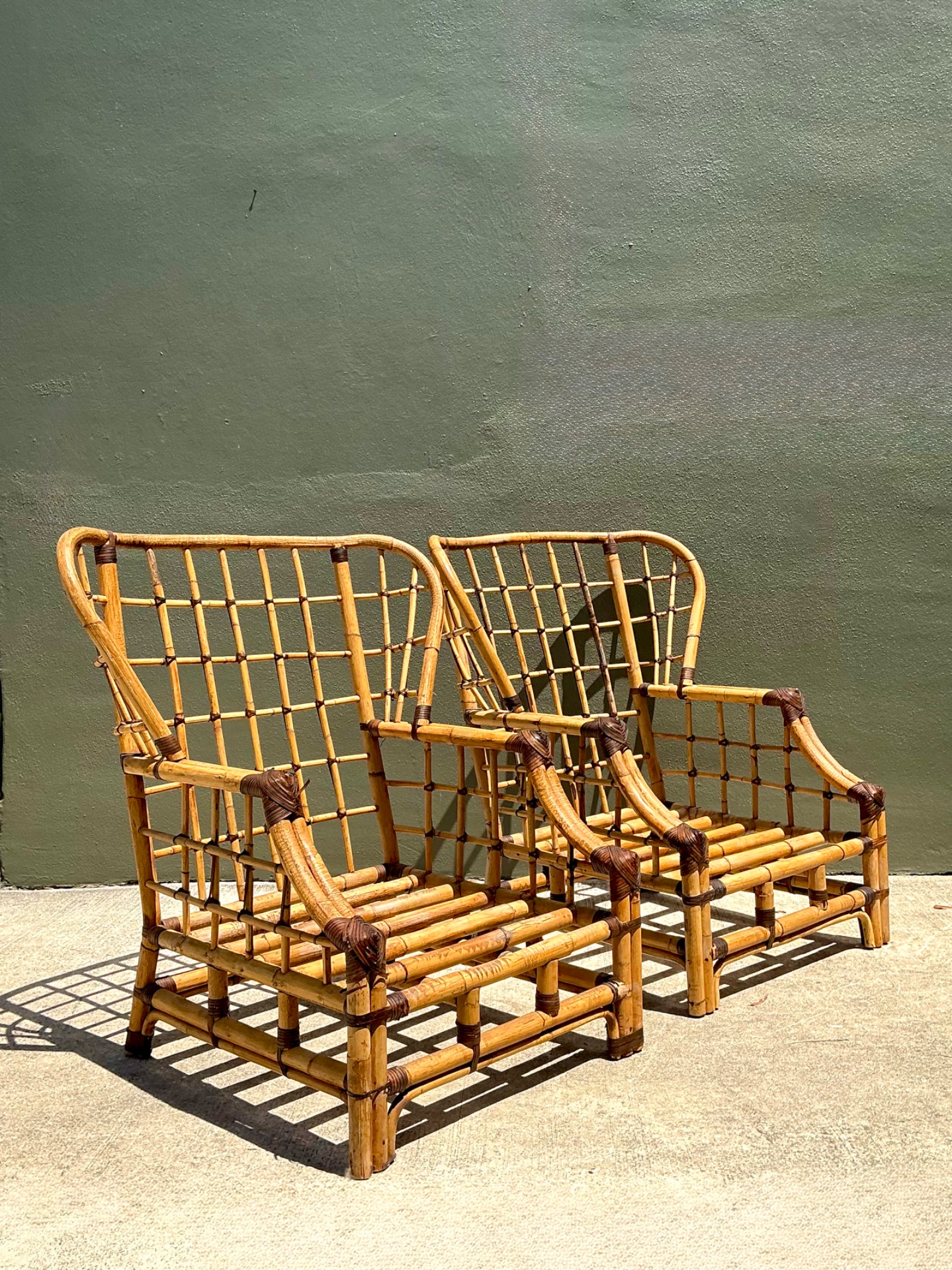 Vintage Grid Rattan High Back Chairs - Pair - Side view
