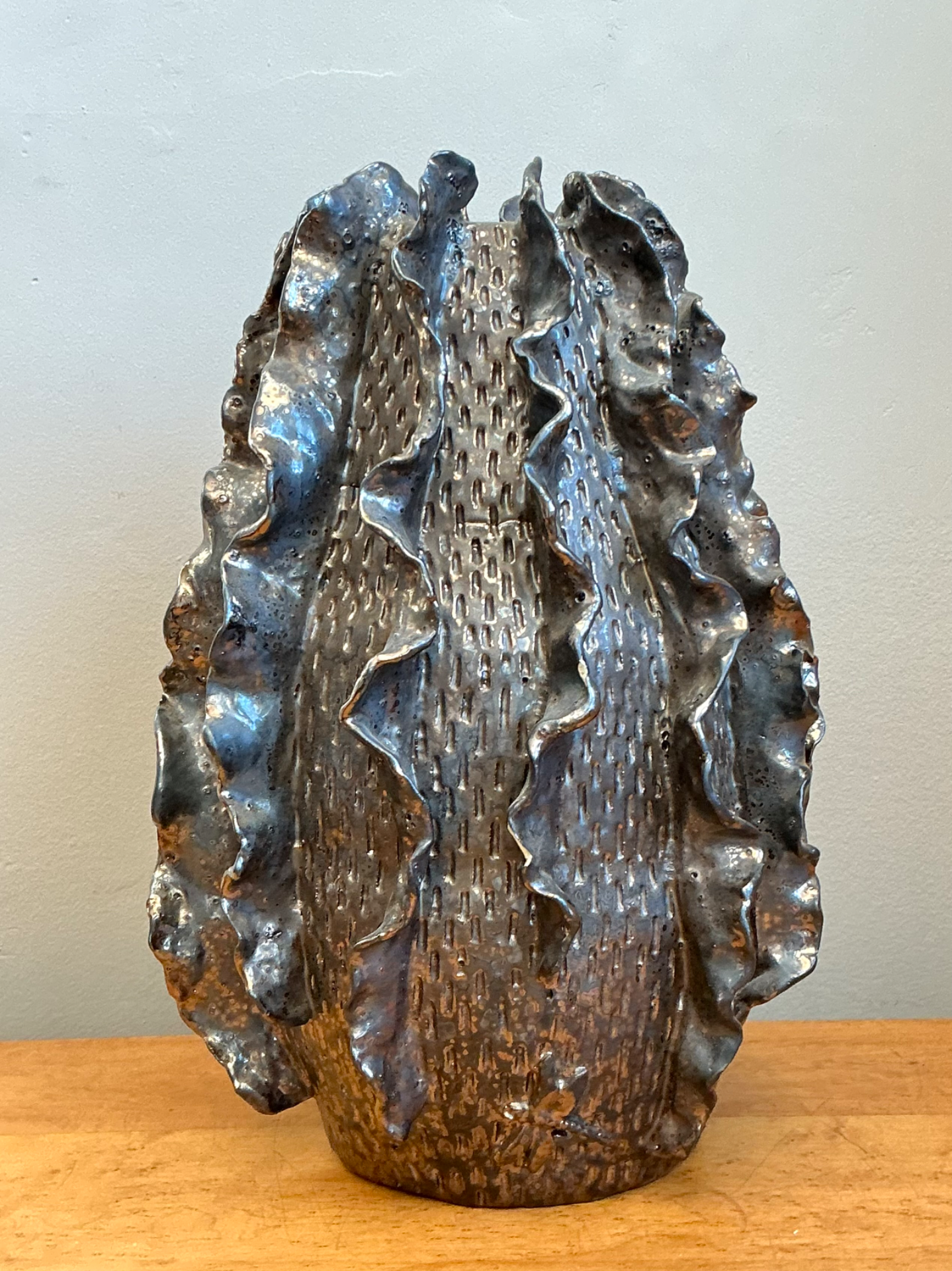 Vintage Silver Ruffle Studio Pottery Vase - Detail view
