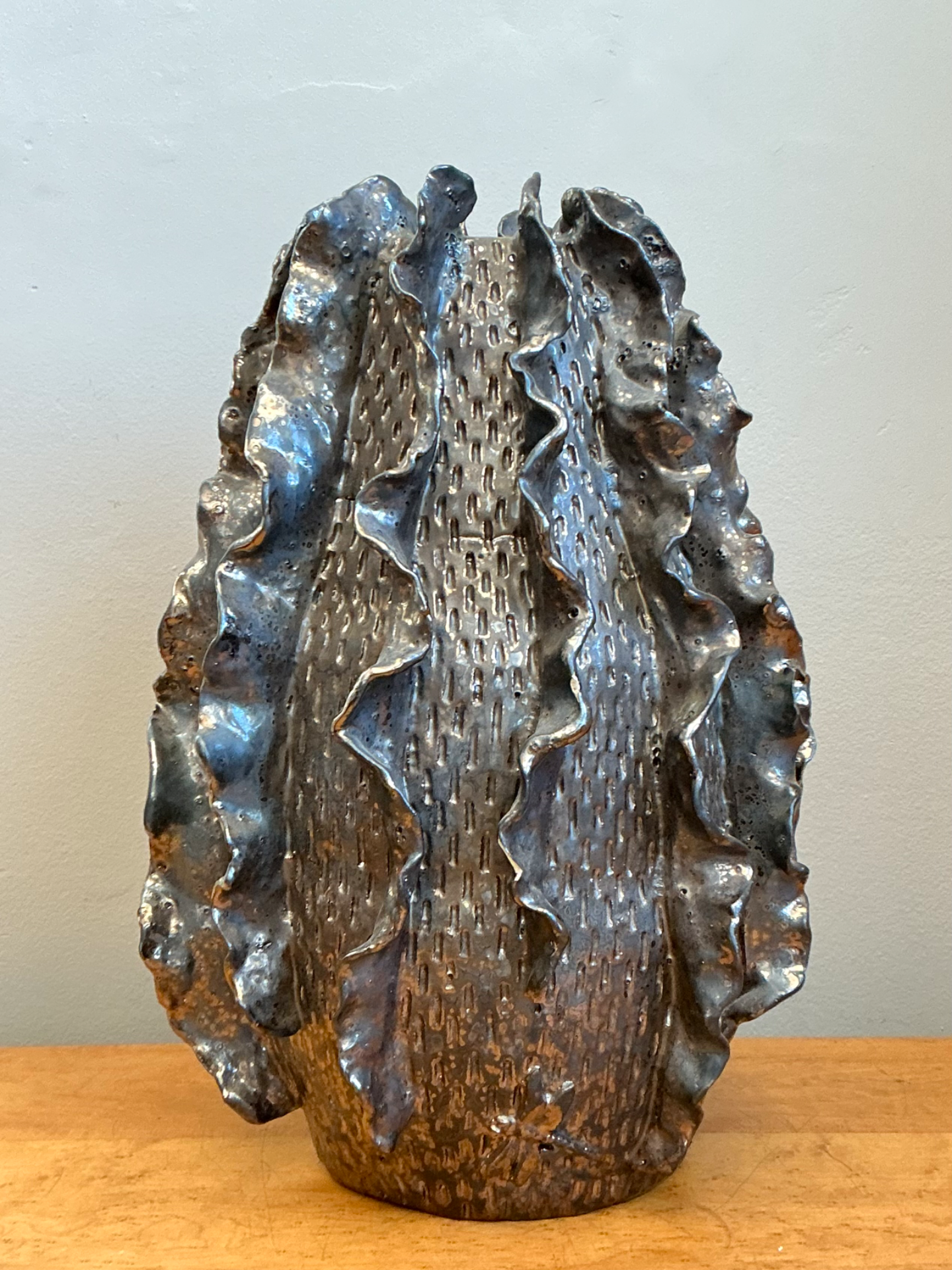 Vintage Silver Ruffle Studio Pottery Vase - Back view