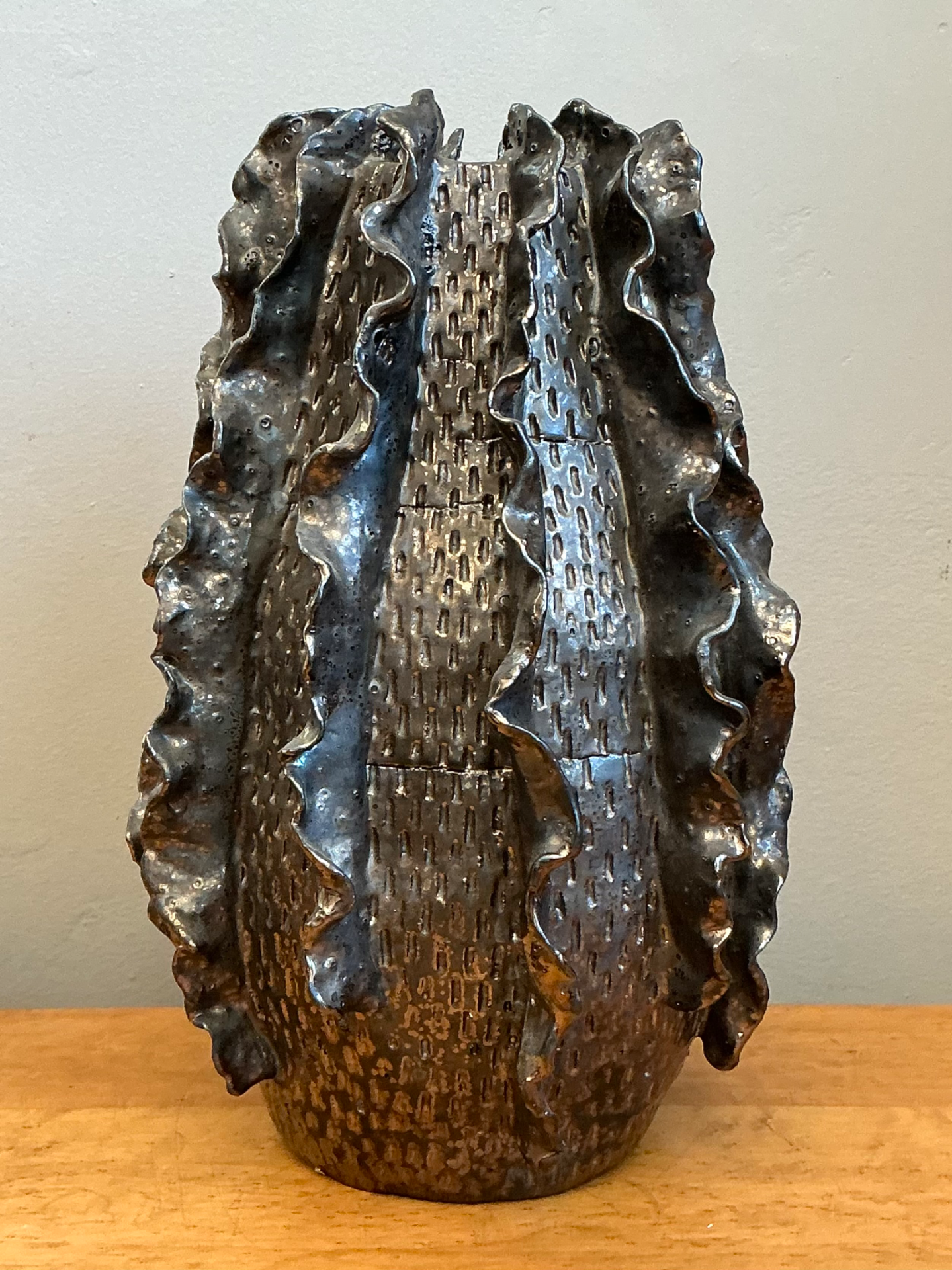 Vintage Silver Ruffle Studio Pottery Vase - Side view