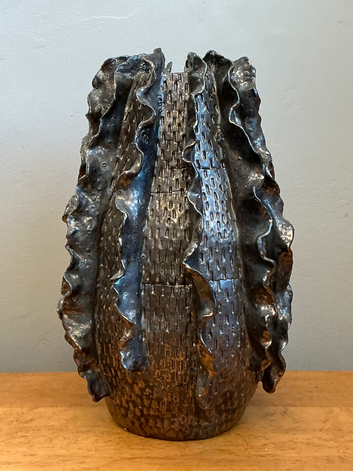 Vintage Silver Ruffle Studio Pottery Vase - Top view