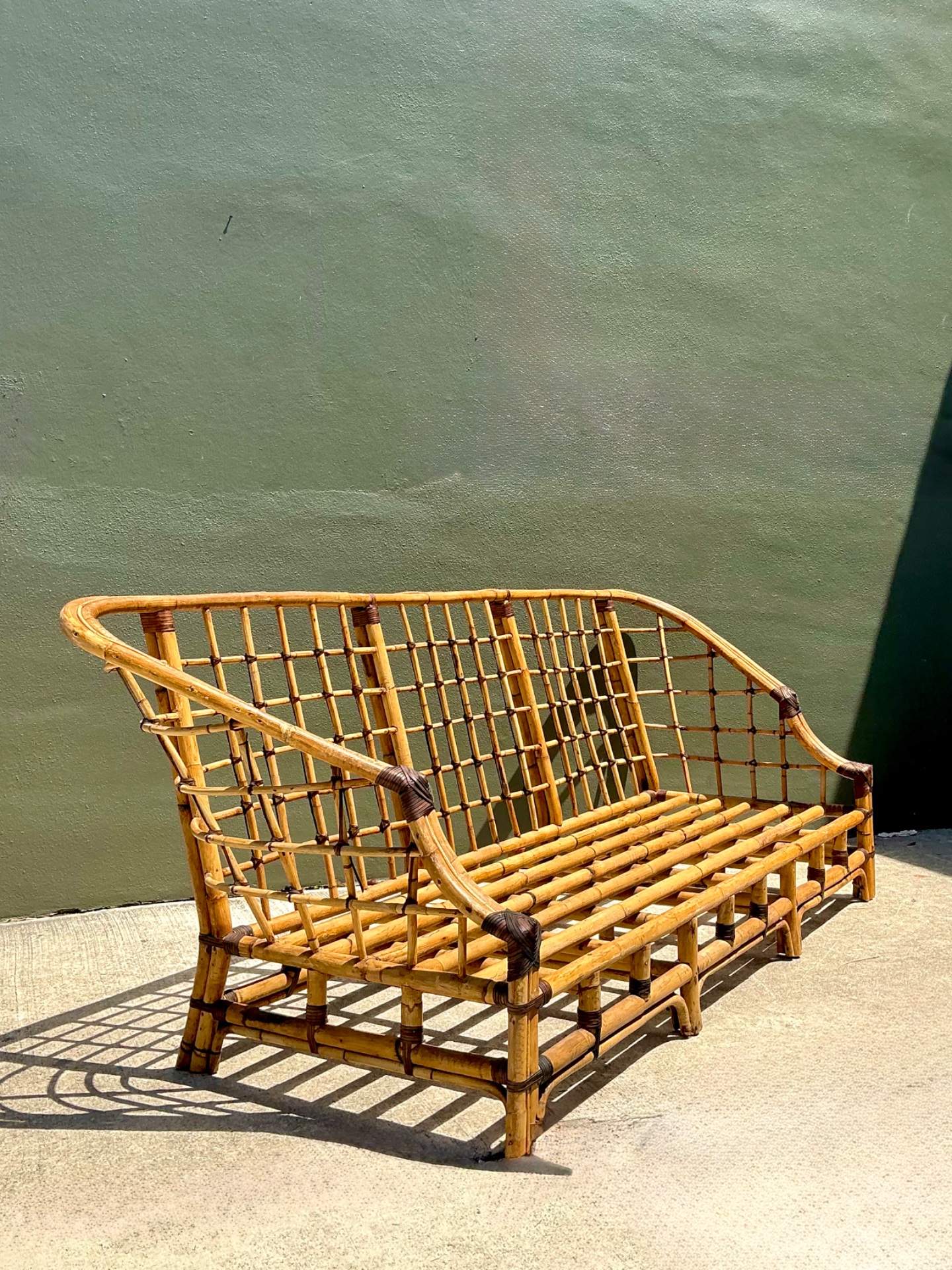 Vintage Woven Grid Rattan High Back Sofa - Back view