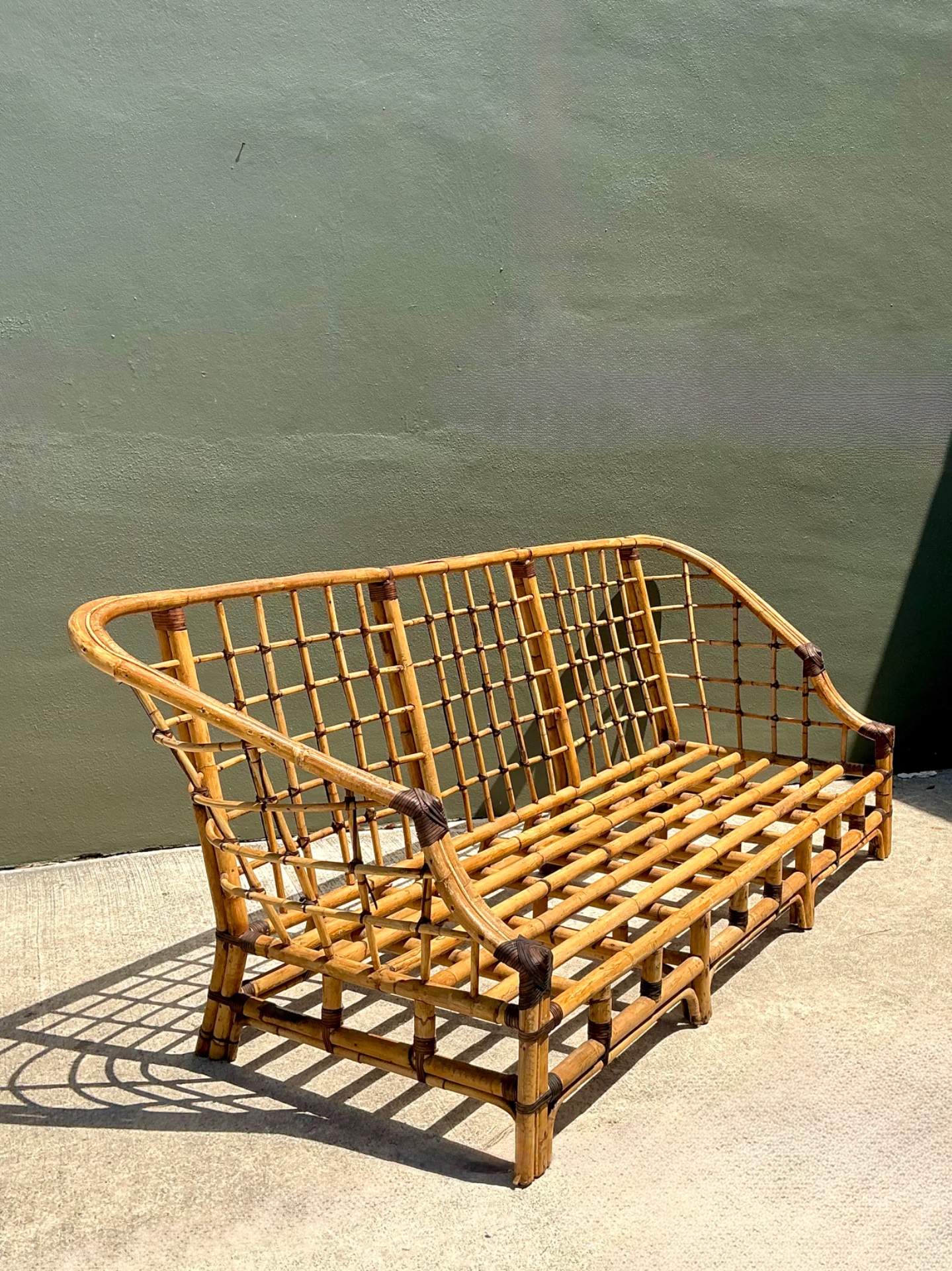 Vintage Woven Grid Rattan High Back Sofa - Top view